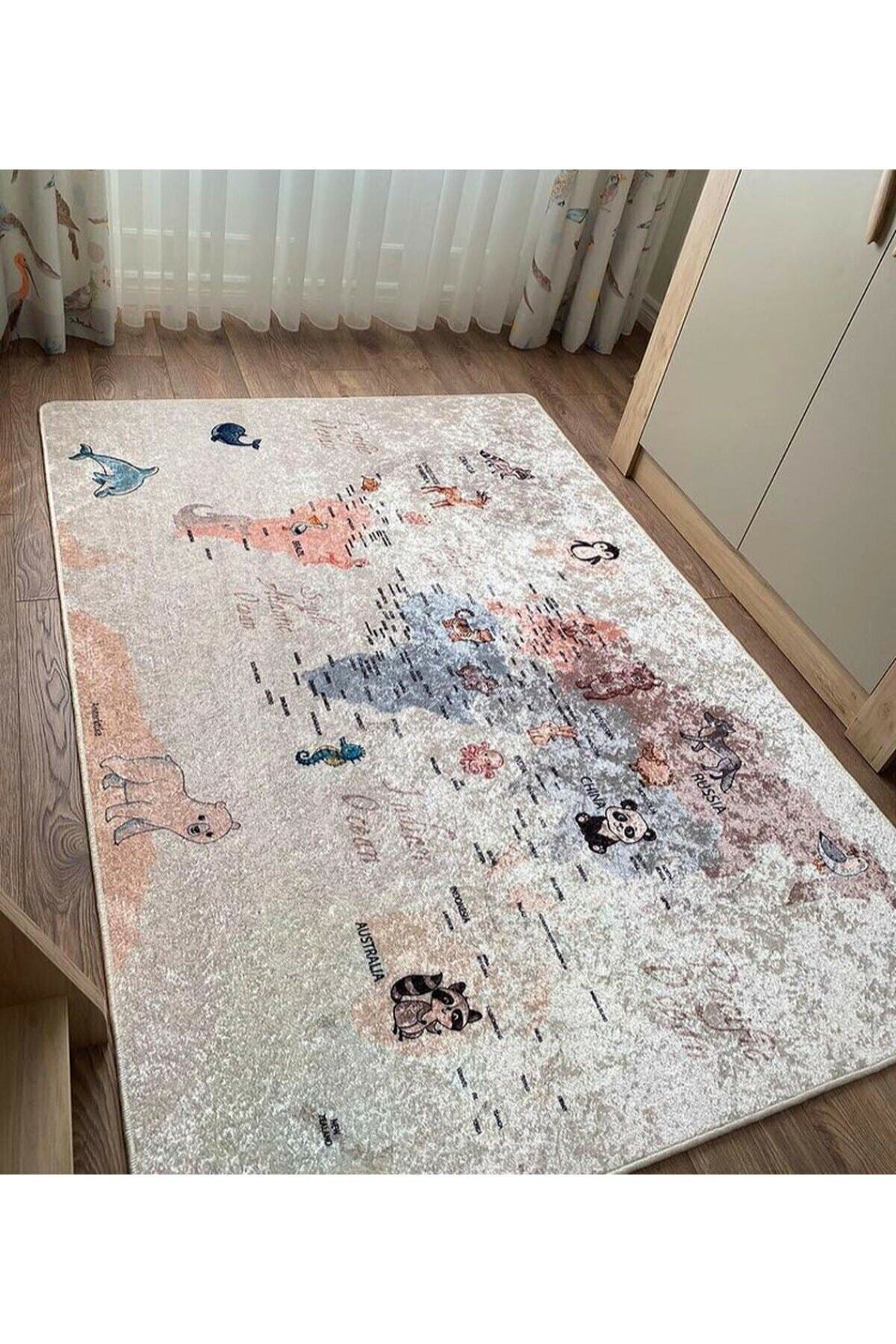 Renkli Eğlenceli Ülkeler Harita Lateks Kaymaz Taban Leke Tutmaz Çocuk Halı