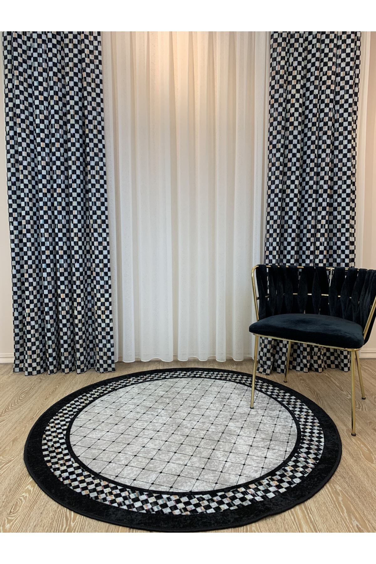 Checkered Round Latex Non-Slip Base Fringe-Free Kitchen Terrace Balcony Rug