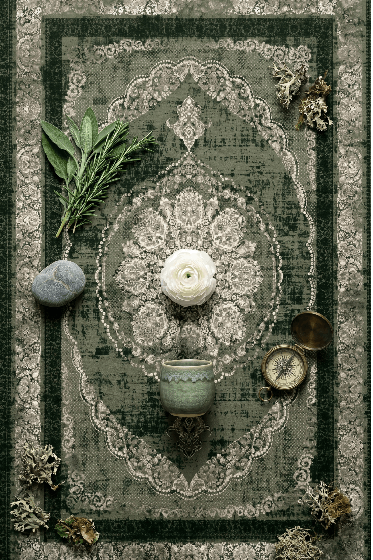 Washable Printed Mist Rug - Classic Medallion Style