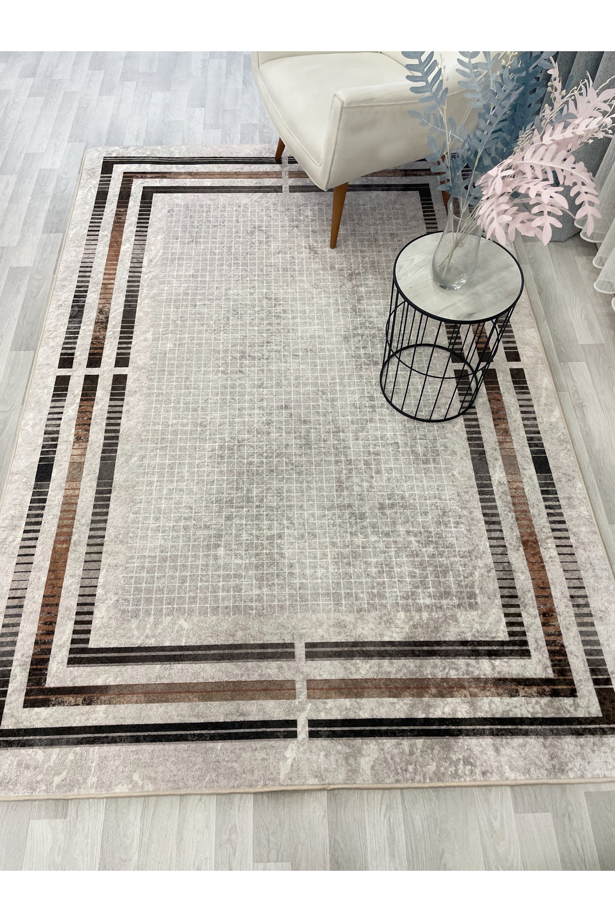 BEIGE Striped Bordered Non-Slip Base Framed Rug