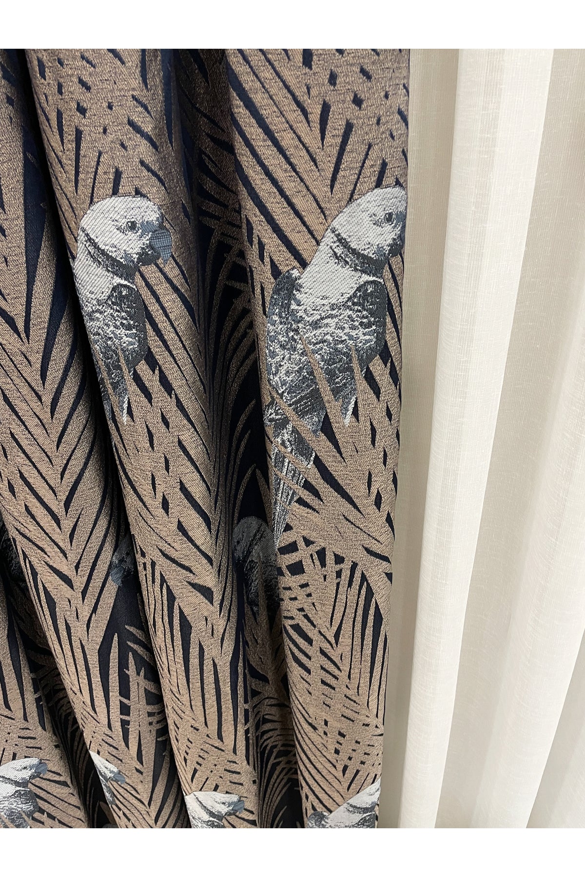 Brown-Navy Blue Bird Patterned 1/3 Dense Pleated Blackout Curtain