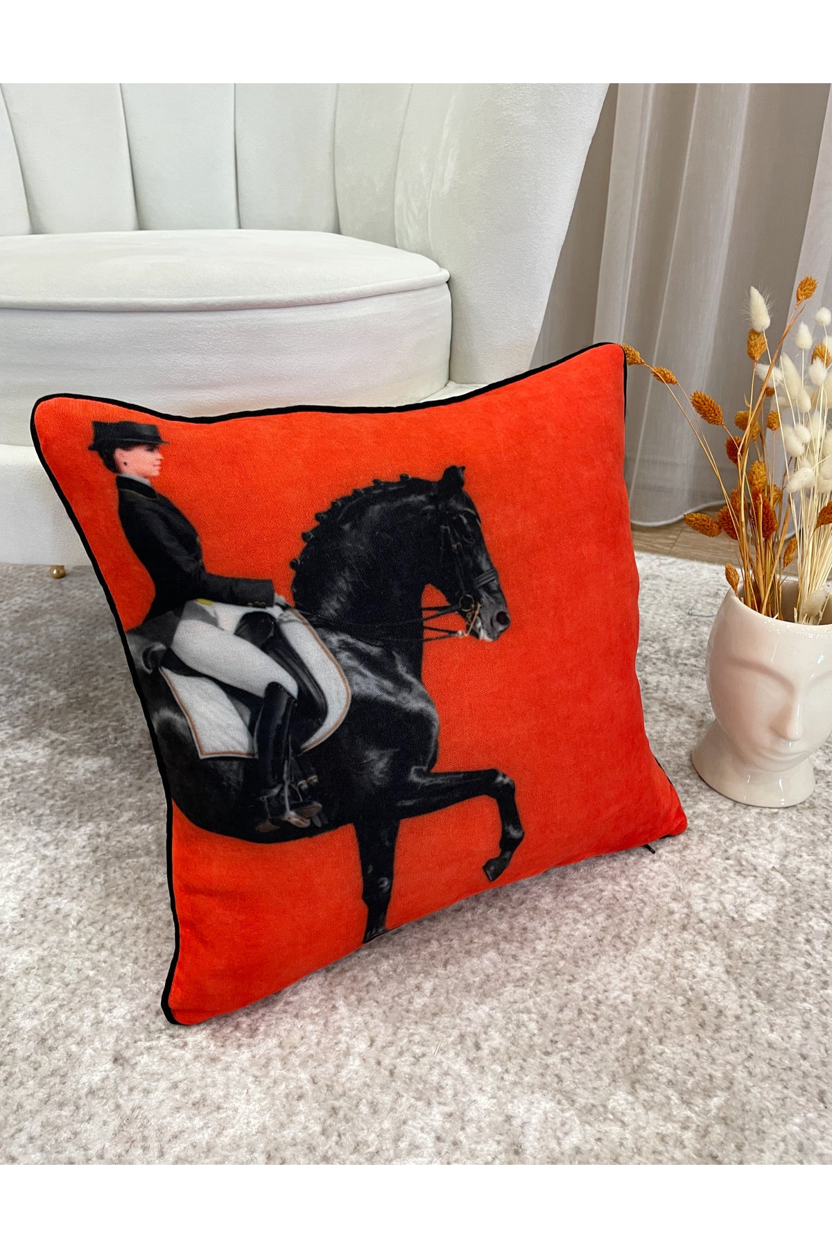 Horse Patterned Piped Throw Pillow Cover 45x45 - ORANGE