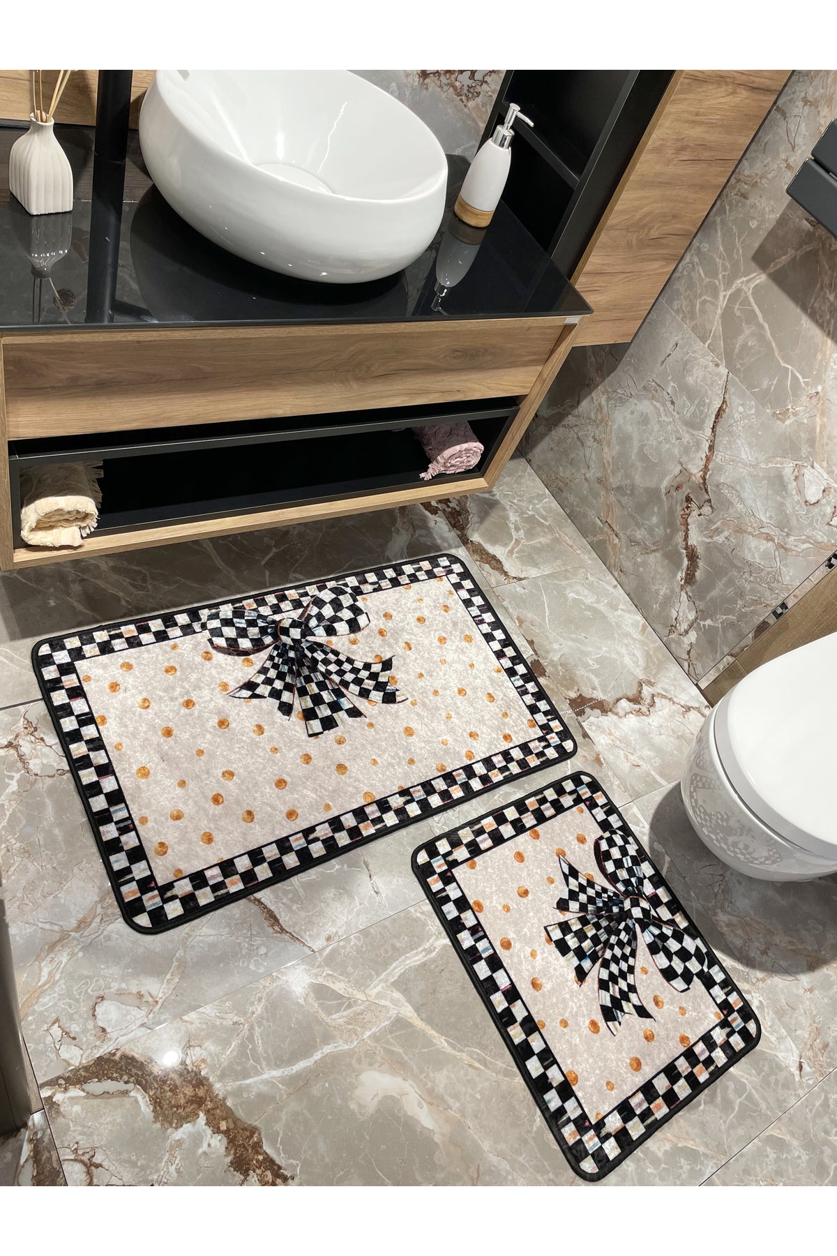 Damalı Kurdela Desenli Banyo Paspası 60X100 - 60X50 - BEJ-SİYAH