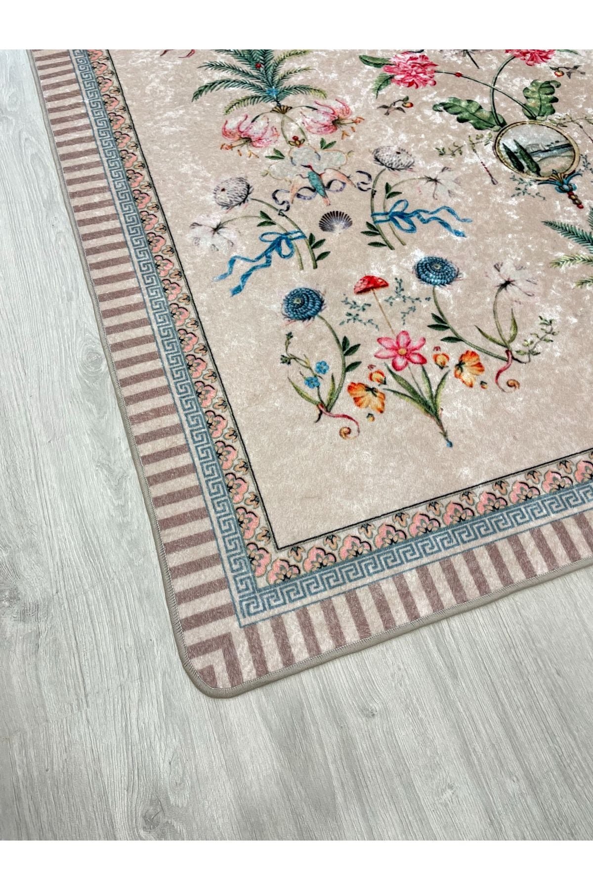 Beige Floral Bird Patterned Latex Leather Base Rug