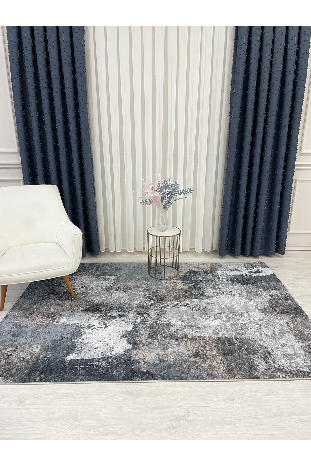 GRAY-NAVY Abstract Pattern Non-Slip Base Runner Rug