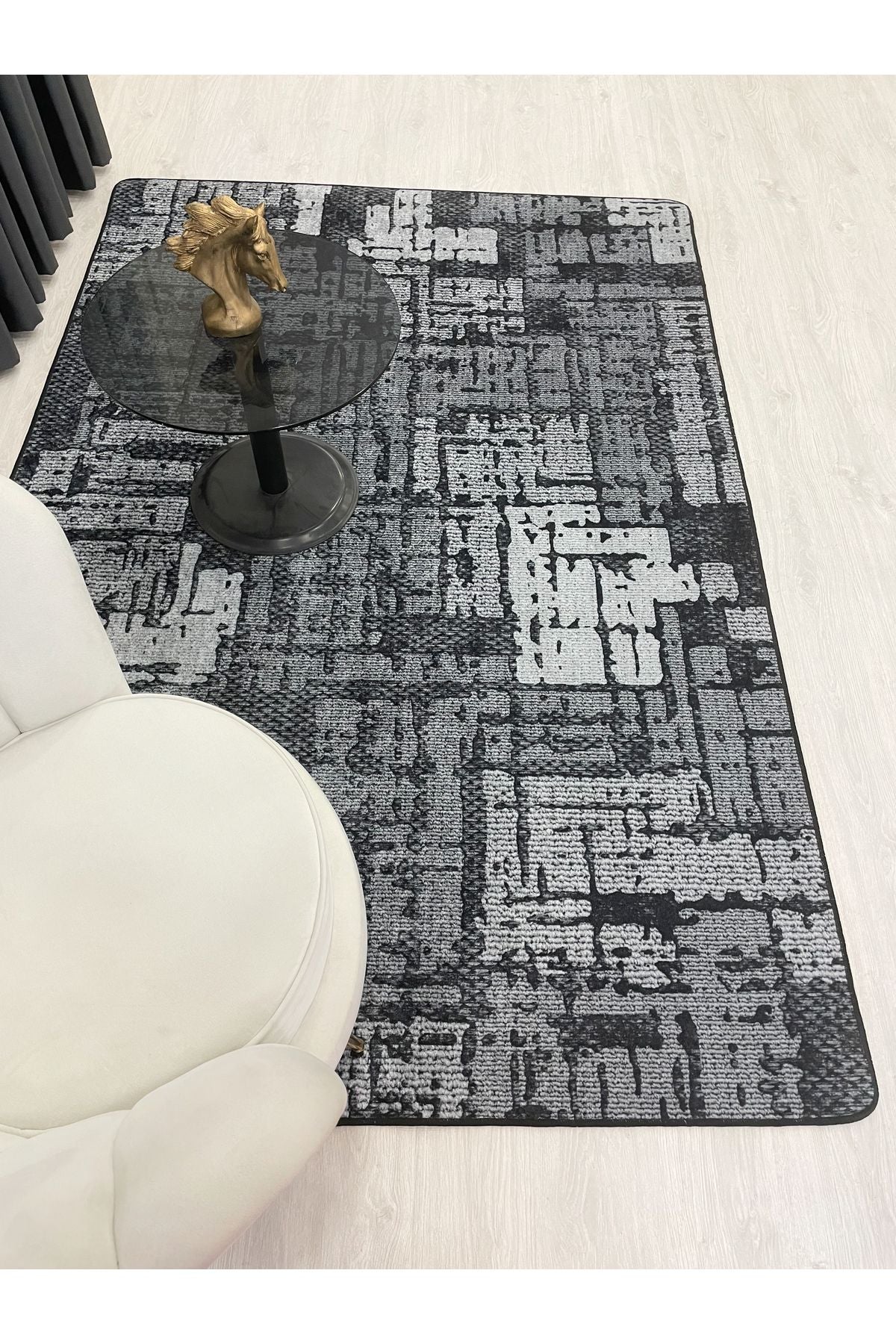 Beige-Blue Abstract Textured Look Latex Leather Base Rug