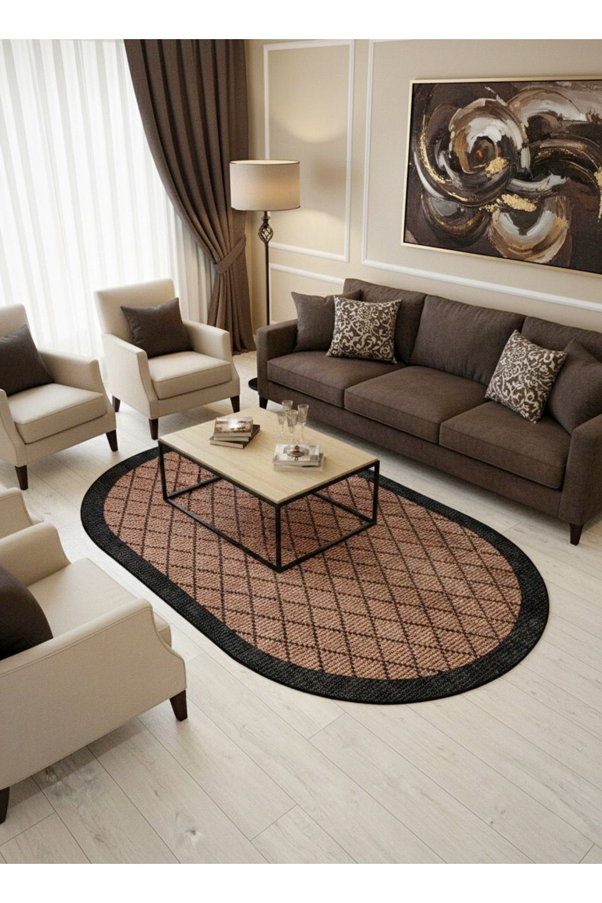 GREEN-BROWN Jute Sisal Look Bordered Non-Slip Base Runner Rug