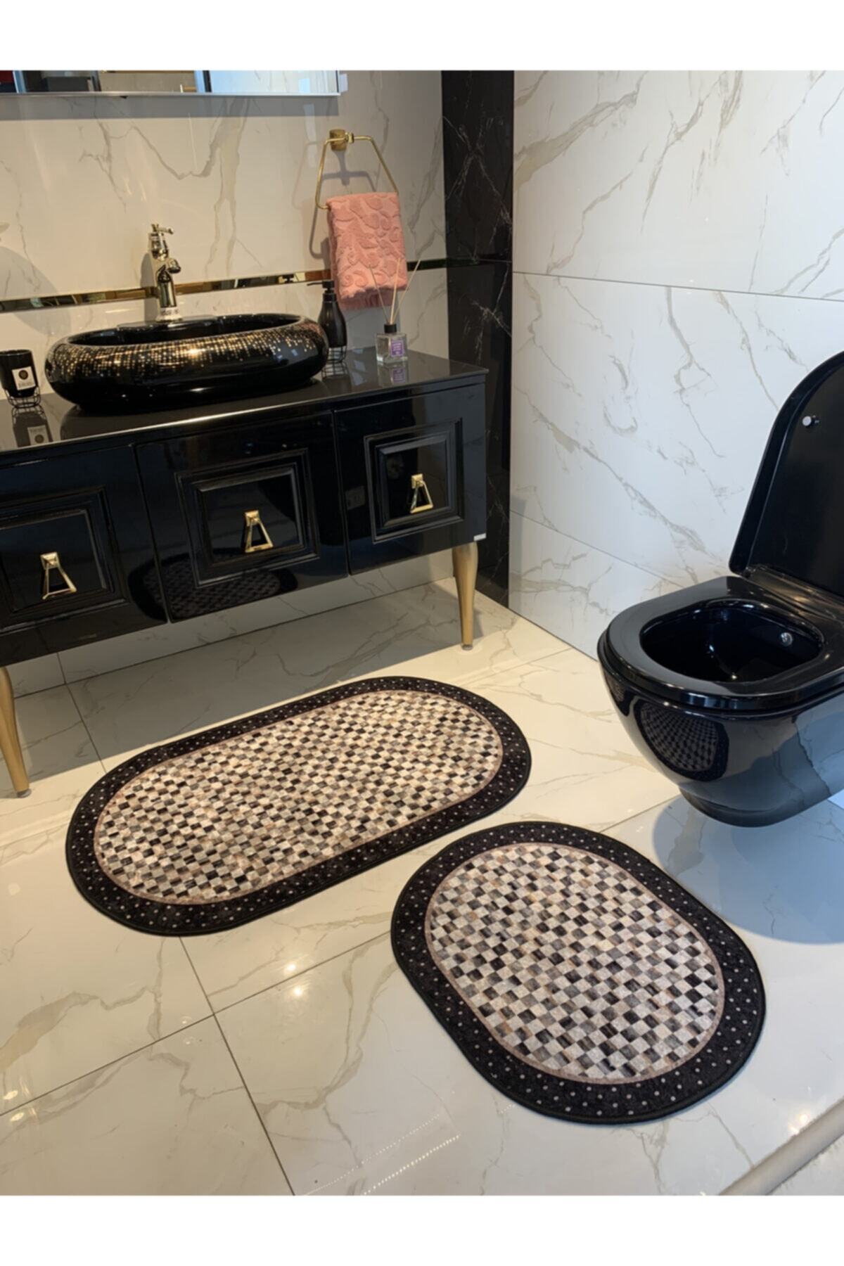 Minares Model Checkered Pattern 2-Piece Latex Base Bathroom Mat Set (60x100 - 60x50) Black-Brown