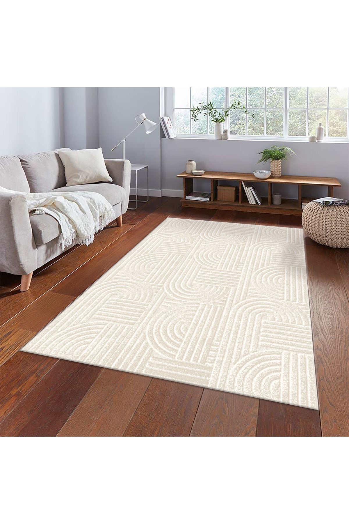 Beige Embossed Look Latex Leather Base Rug