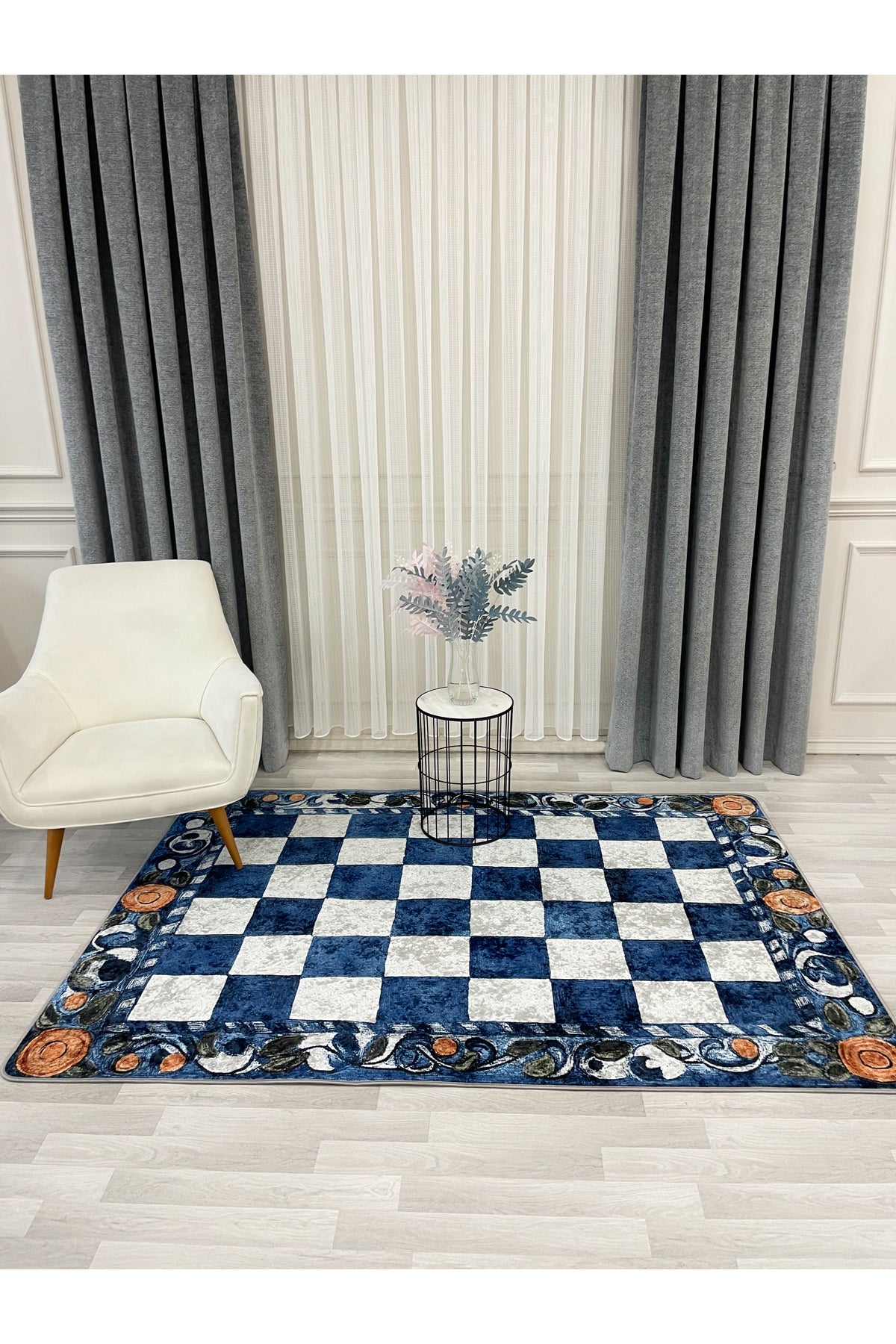 Beige Orange Checkered Pattern Non-Slip Base Kitchen Rug