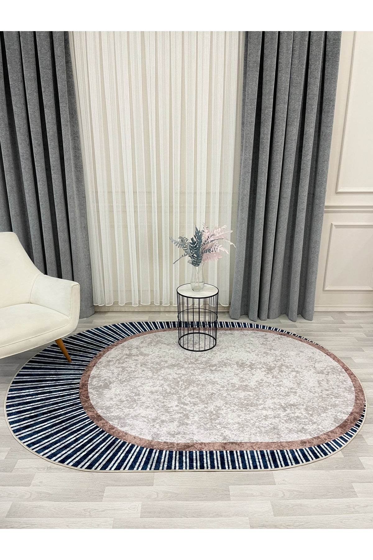 GREEN Striped Oval Non-Slip Base Rug