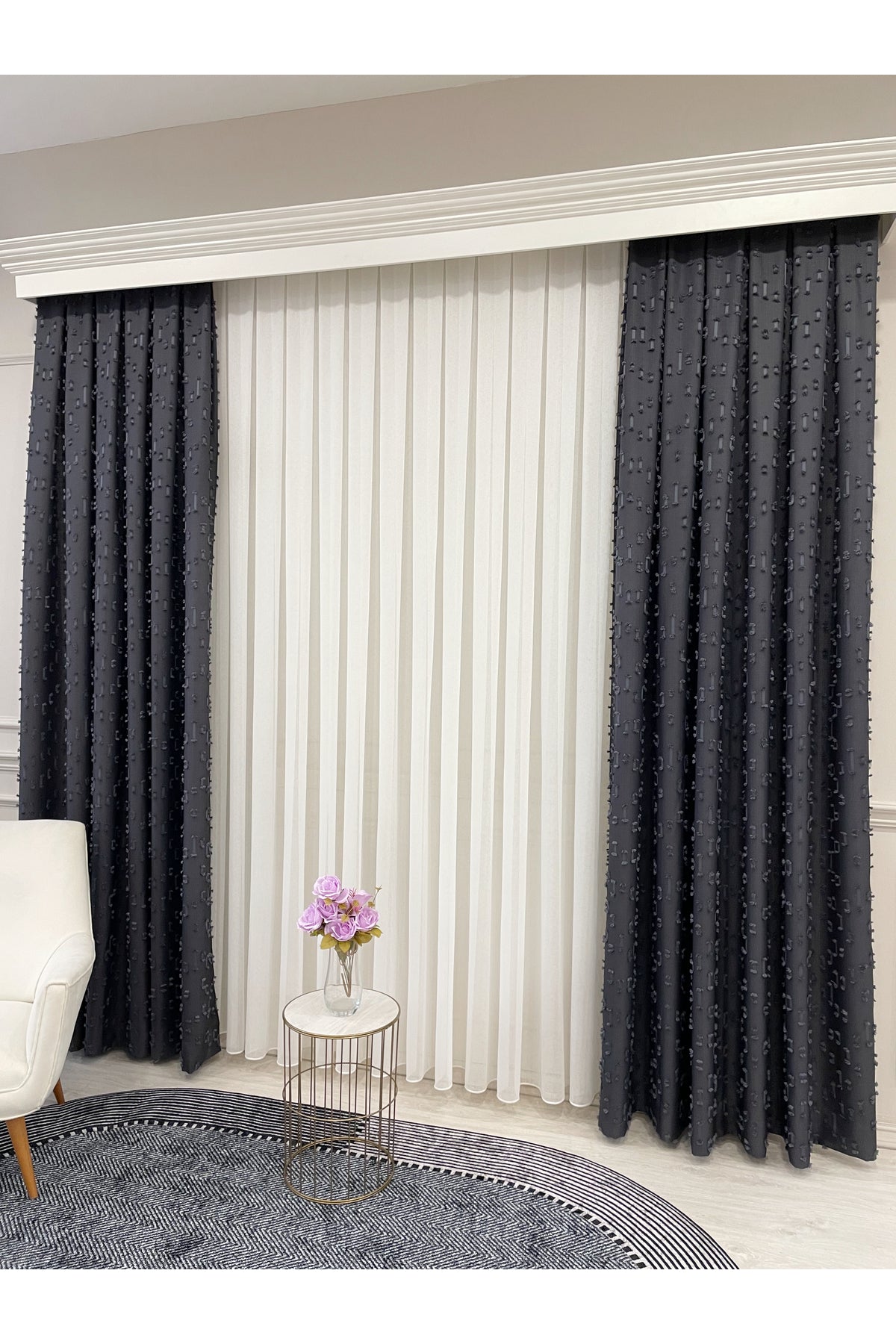 Indigo Blue Pompom Puffy Blackout Curtain 1/3 Dense Pleat