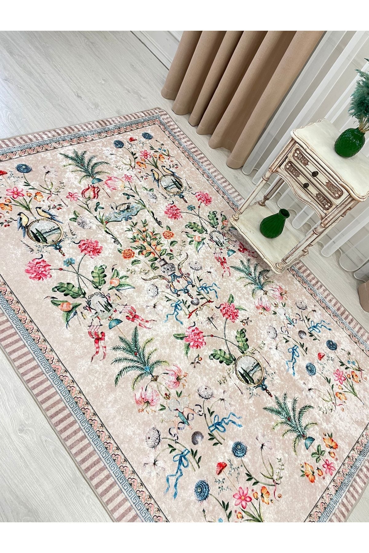 Beige Floral Bird Patterned Latex Leather Base Rug