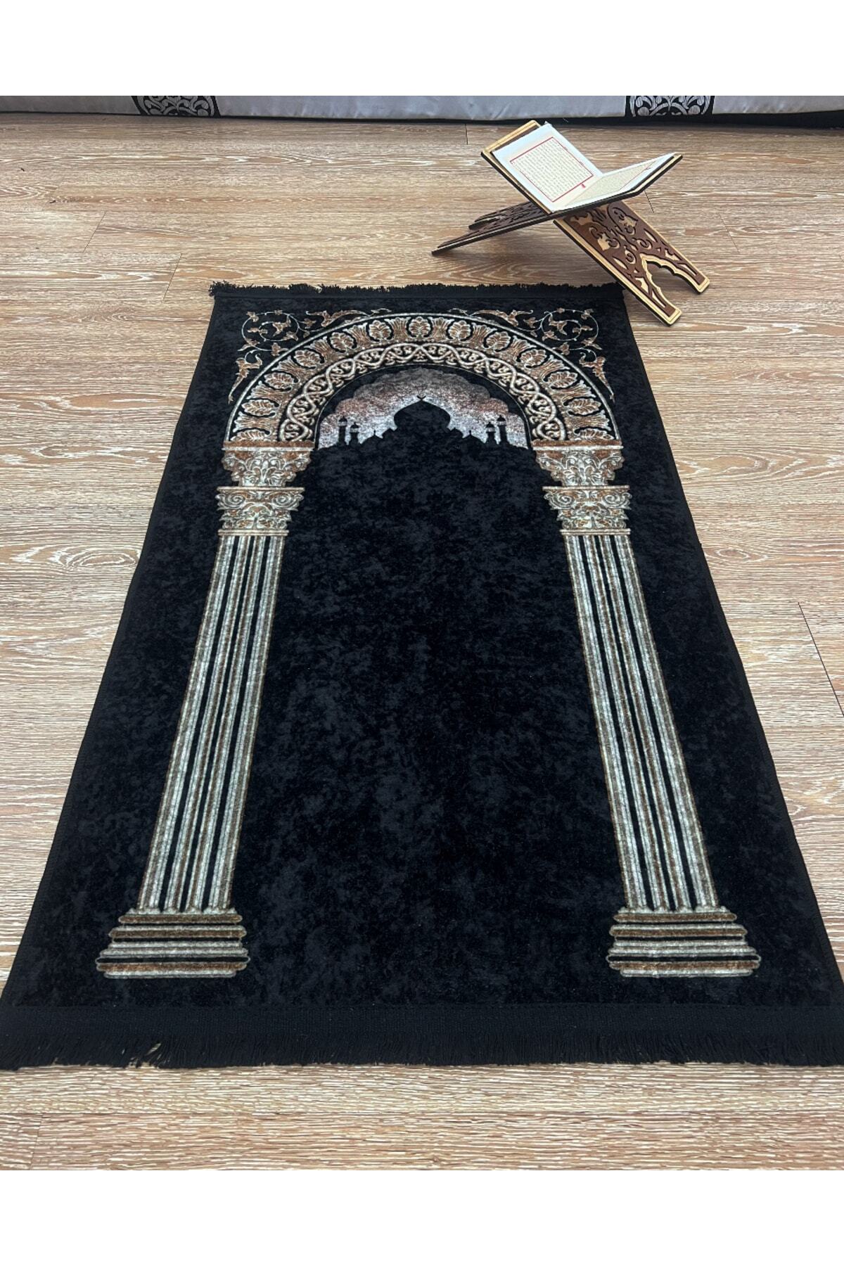 Fringed Prayer Rug (Latex Base) 75x125 Size - Black