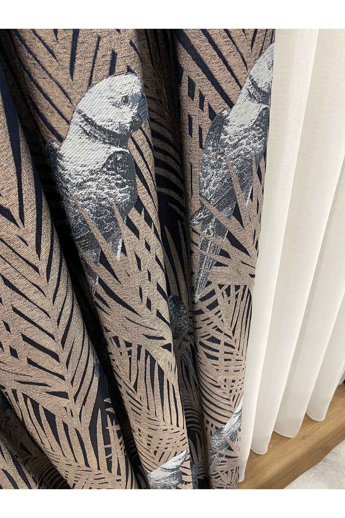 Brown-Navy Blue Bird Patterned 1/3 Dense Pleated Blackout Curtain