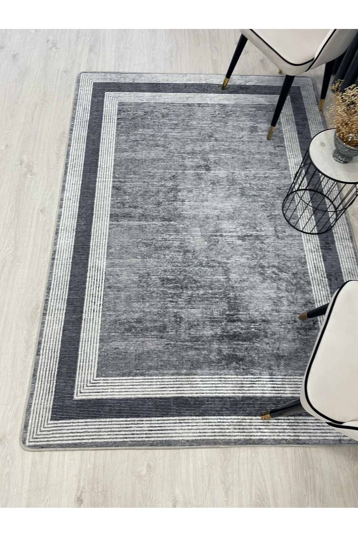 Light Gray Bordered Pattern Latex Leather-Backed Rug