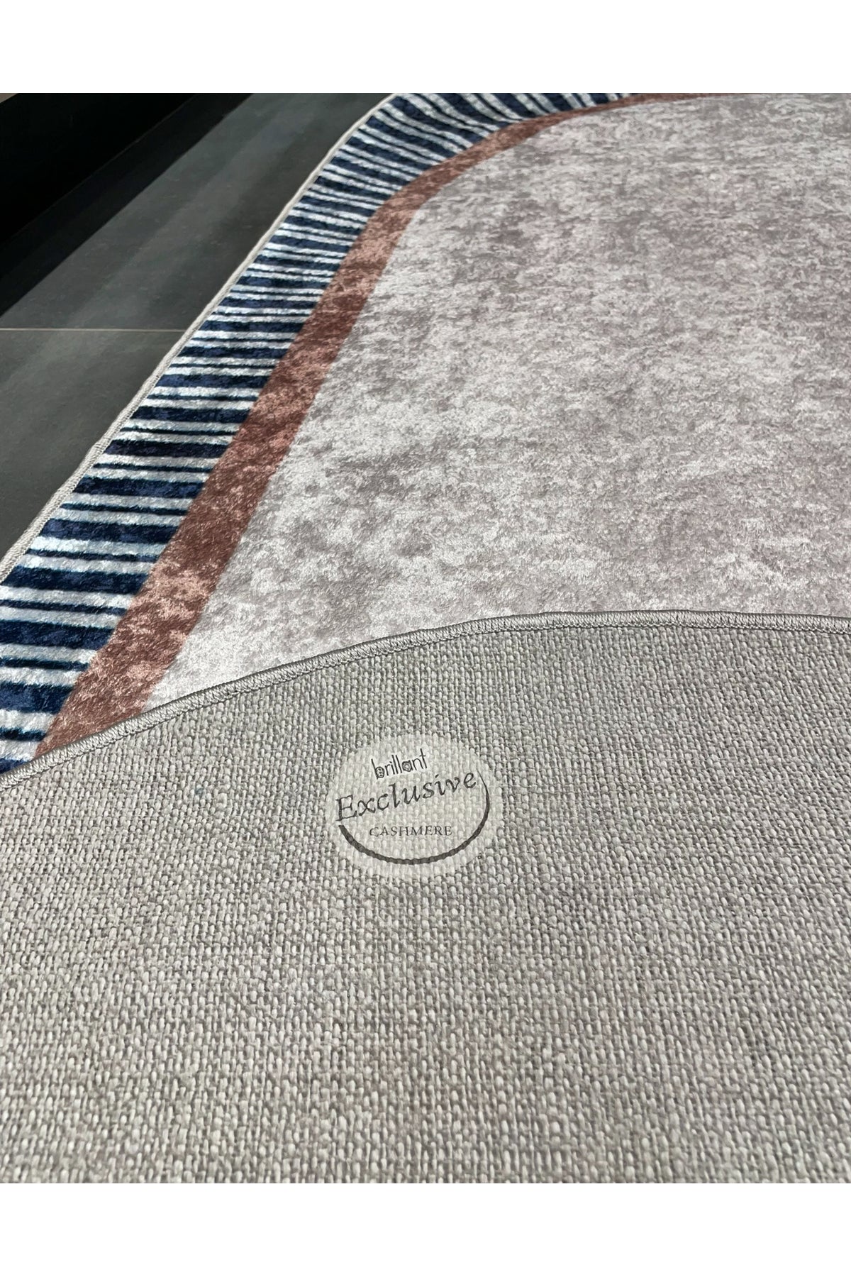 BEIGE-NAVY Striped Oval Non-Slip Base Rug