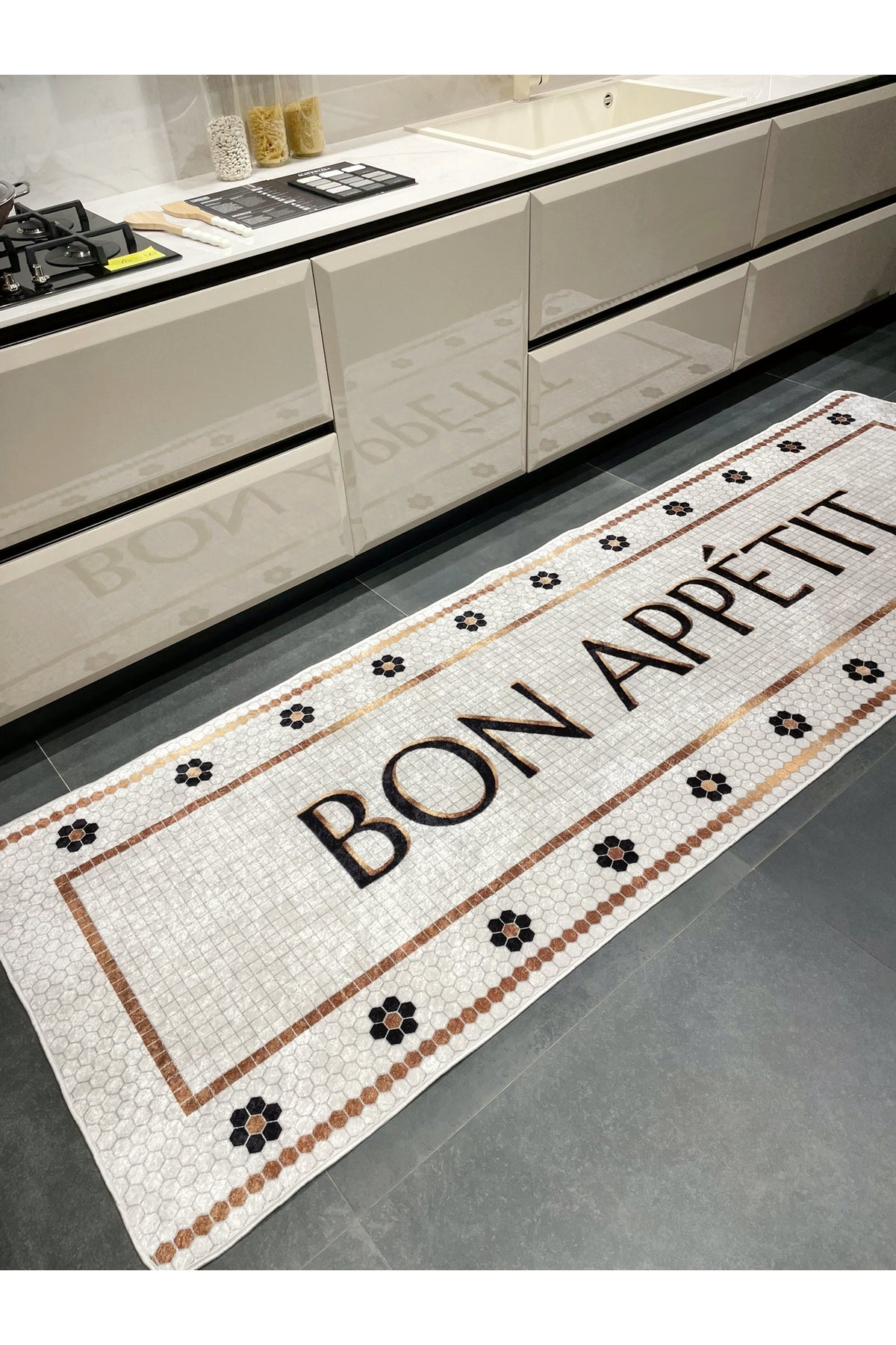Bon Appetit Honeycomb Ecru Kitchen Runner Rug