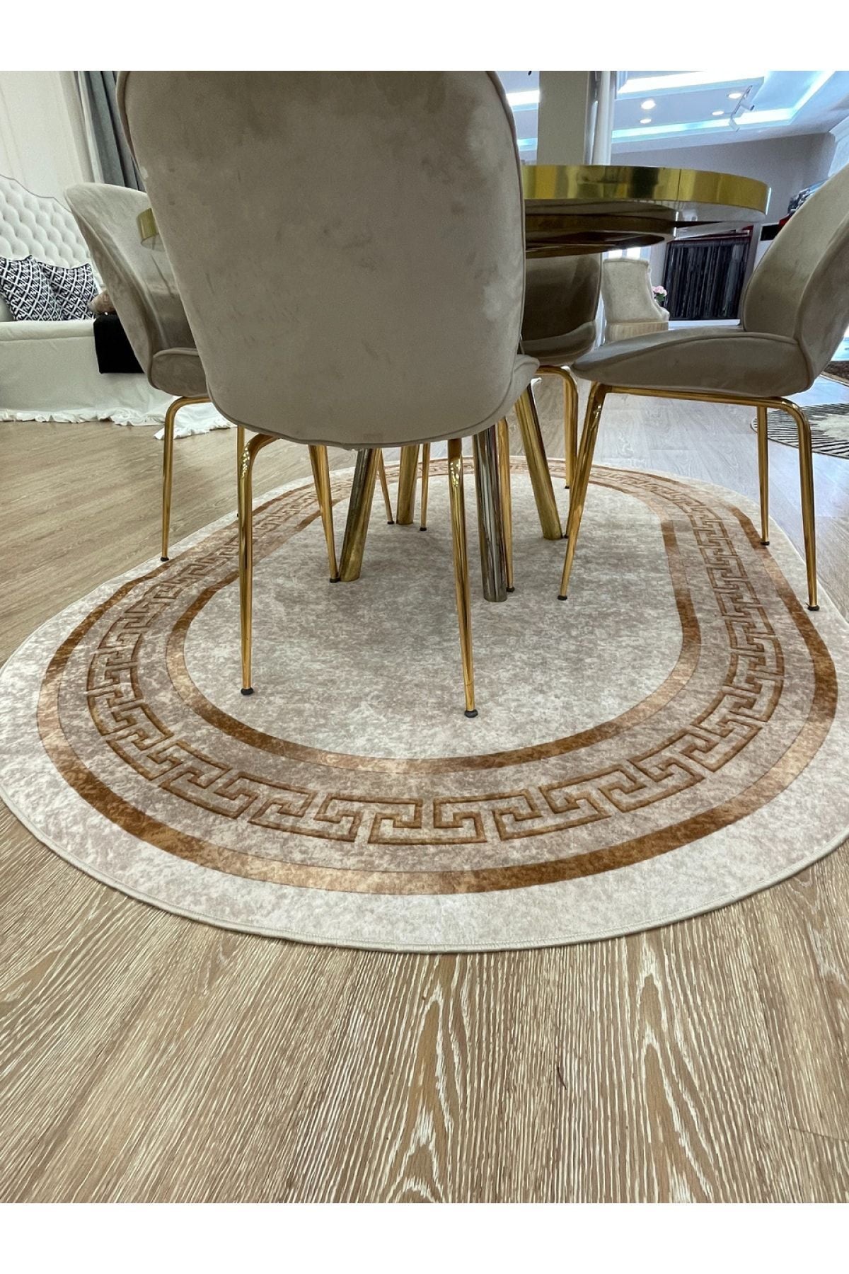 Classic Bordered Striped Oval Latex Leather Base Fringeless Living Room Rug - Gray