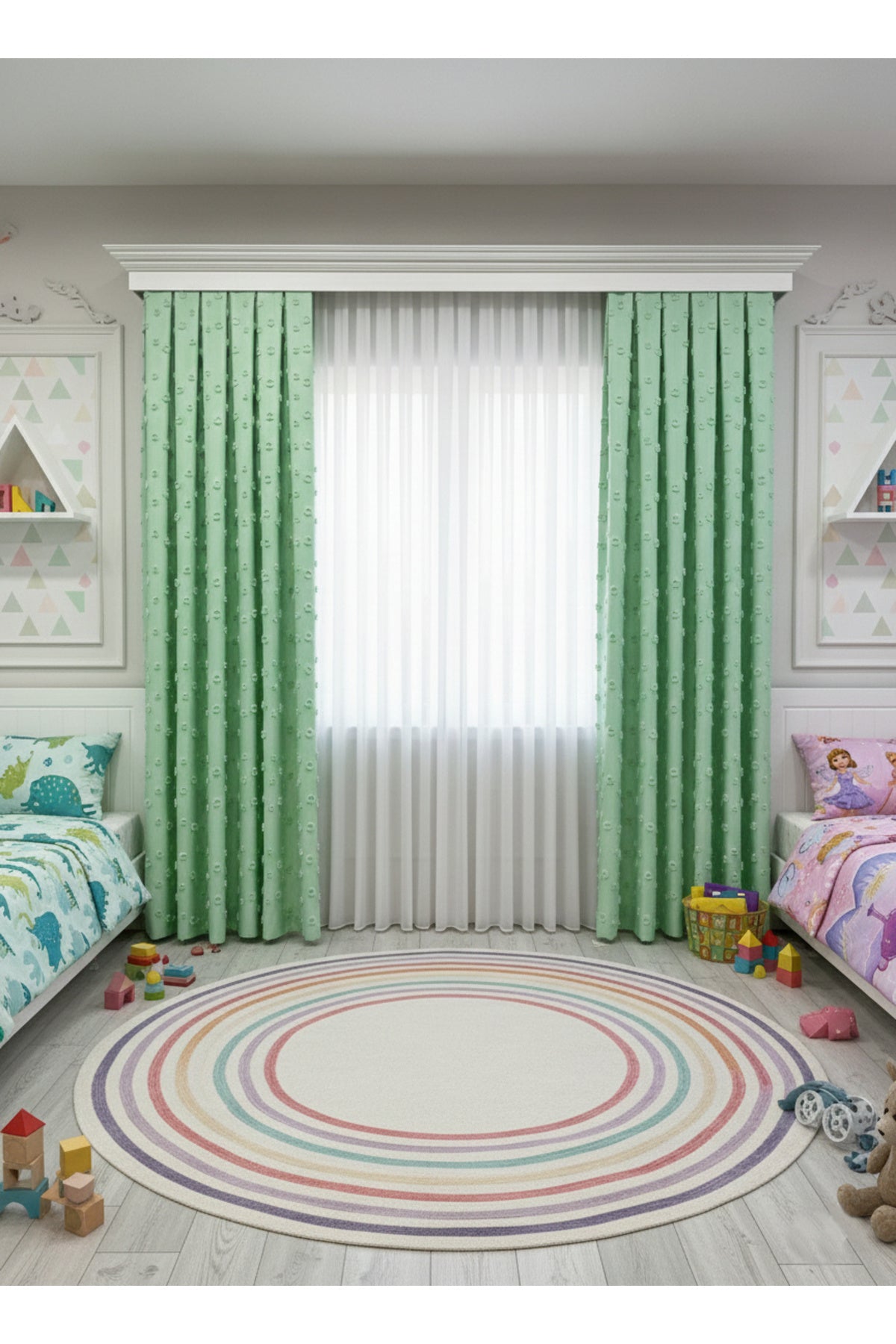 Blue Children's Room Pompom Puffy Blackout Curtain 1/3 Dense Pleating