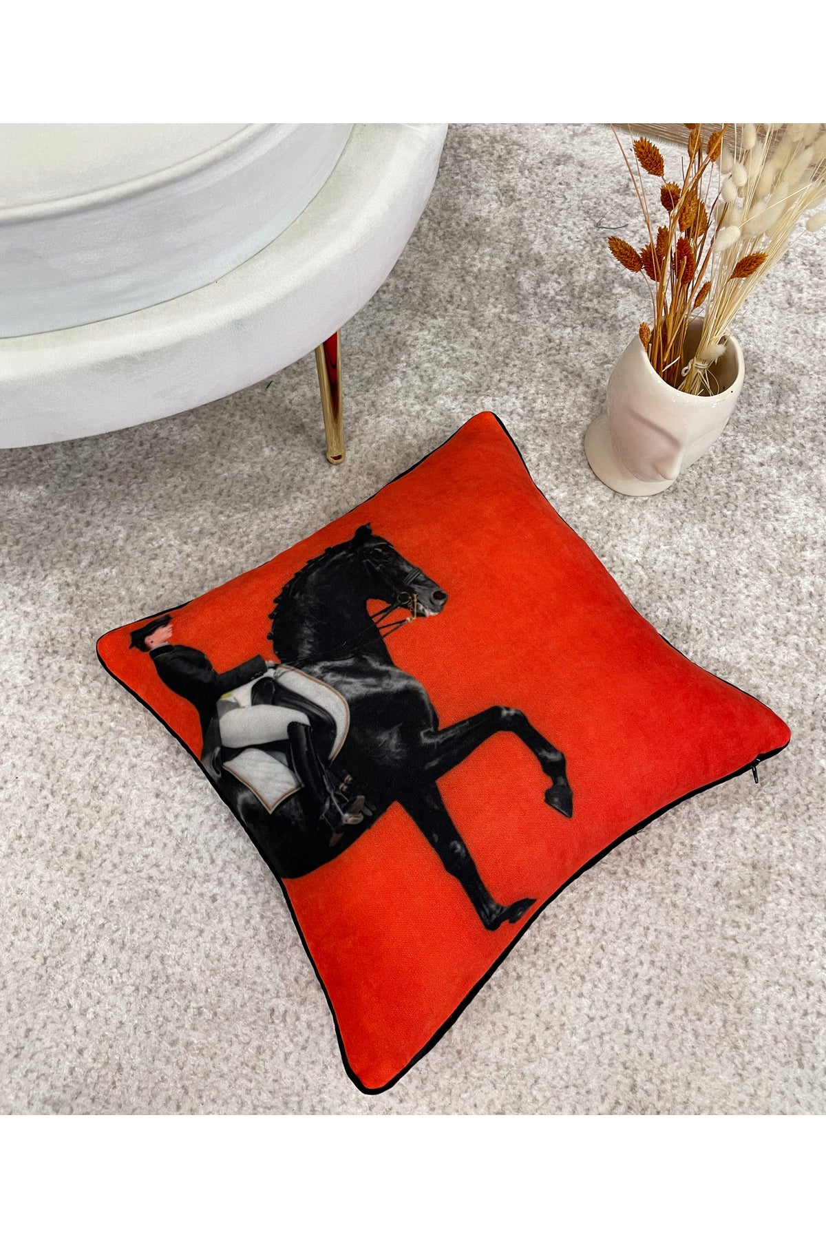 Horse Patterned Piped Throw Pillow Cover 45x45 - ORANGE