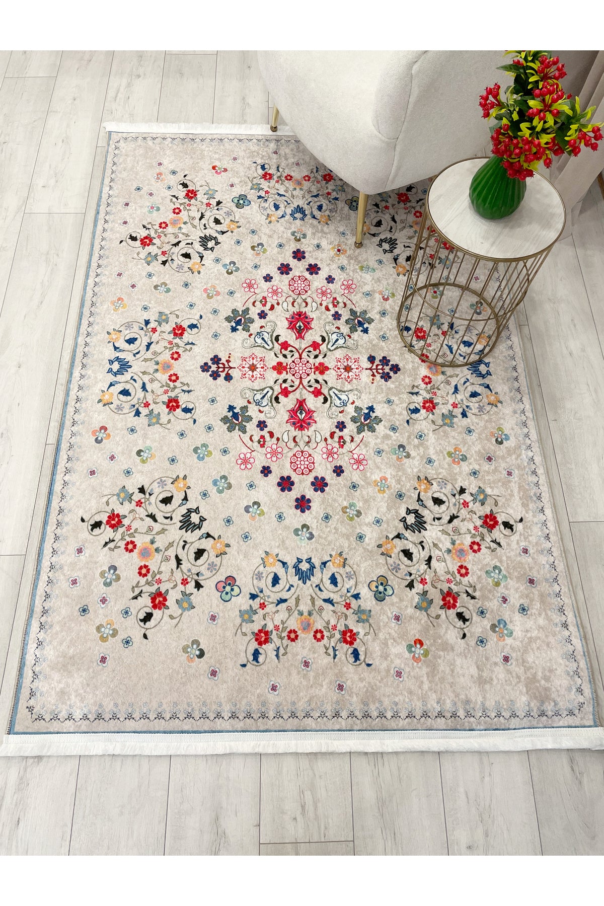 BEIGE Floral Patterned Vintage Latex Base Rug
