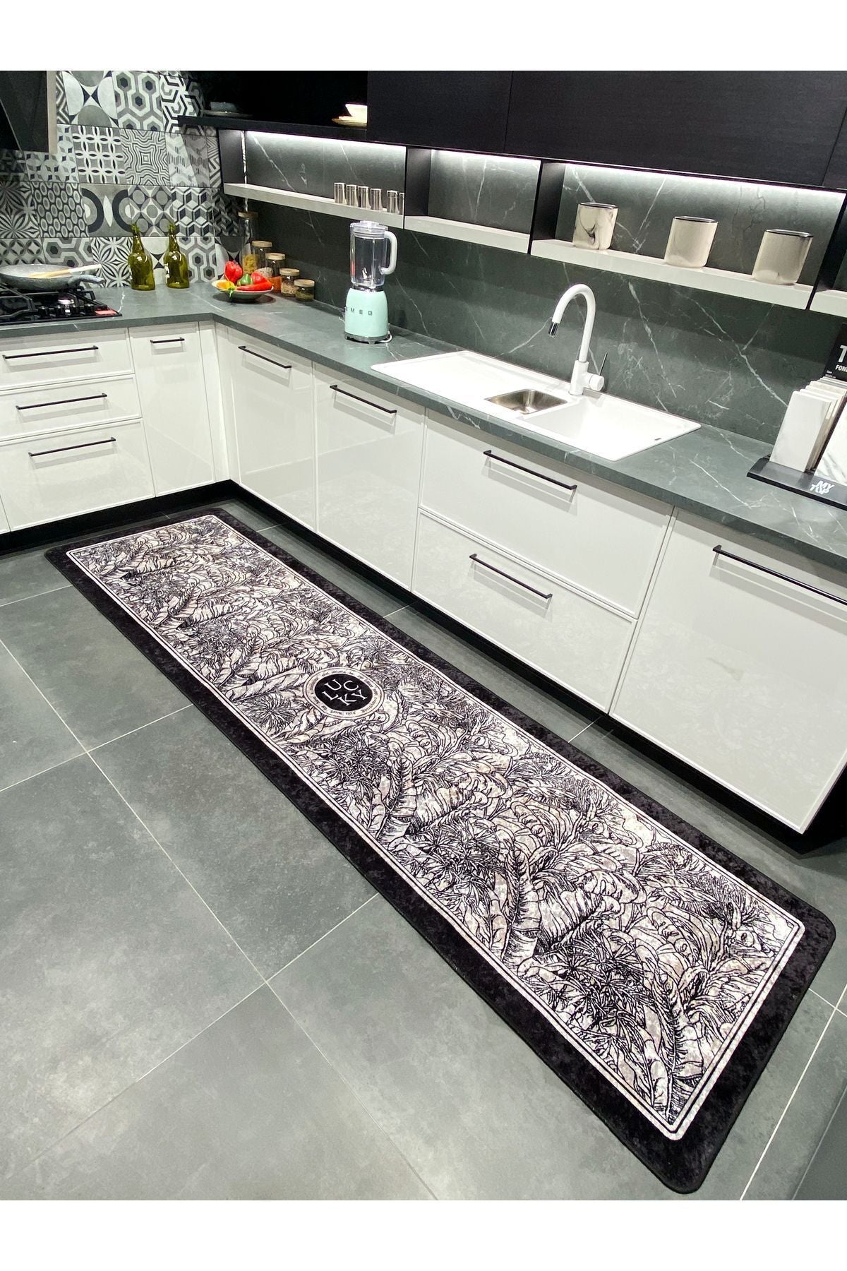 Floral Lucky Pattern Latex Leather-Backed Kitchen Rug BLACK-GRAY