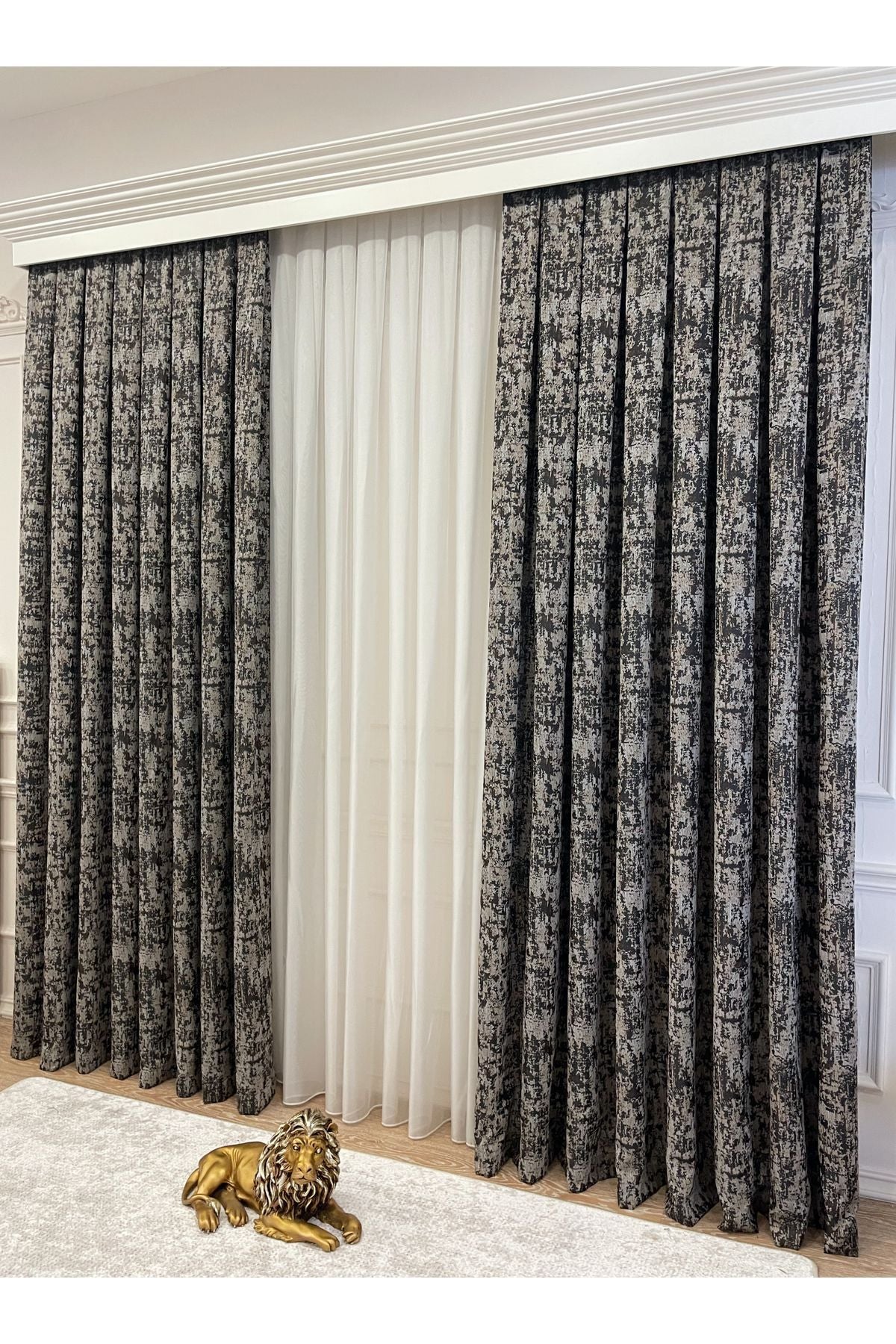 Orange - Brown Abstract Pattern 1/3 Tight Pleat Jacquard Woven Blackout Curtain