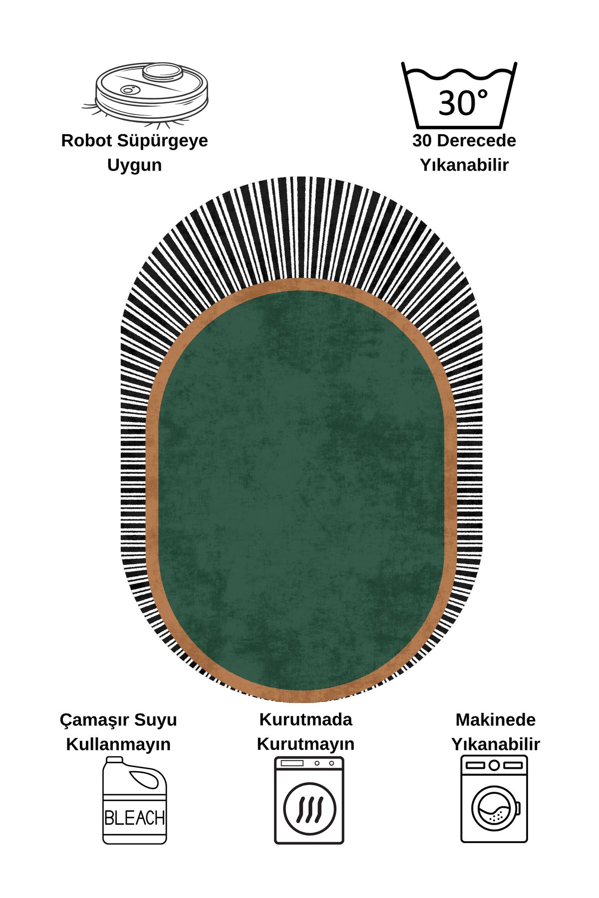GREEN Striped Oval Non-Slip Base Rug