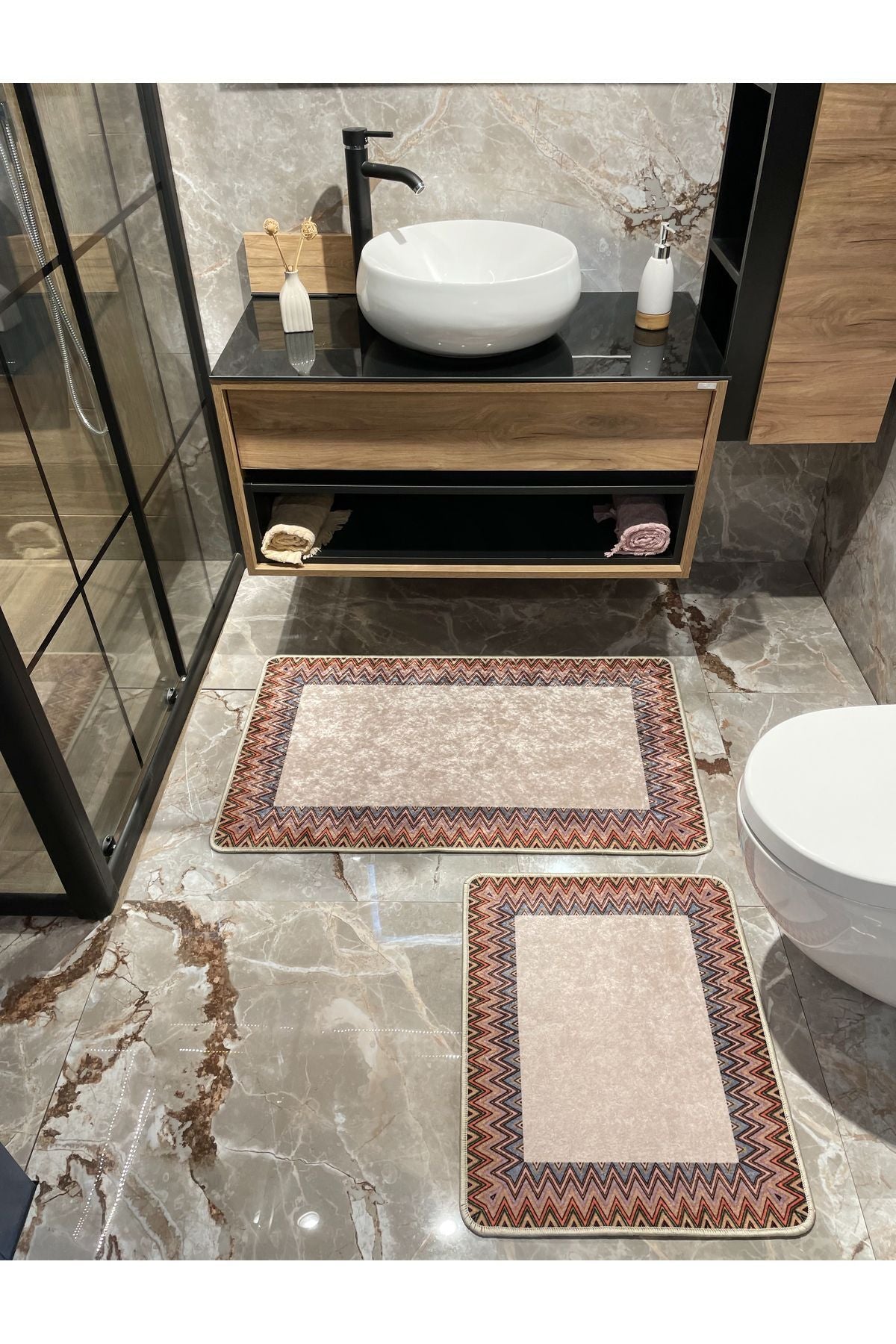 Mint Green - Zigzag Patterned Leather Base 2-Piece Bath Mat Set (60x100 - 60x50)