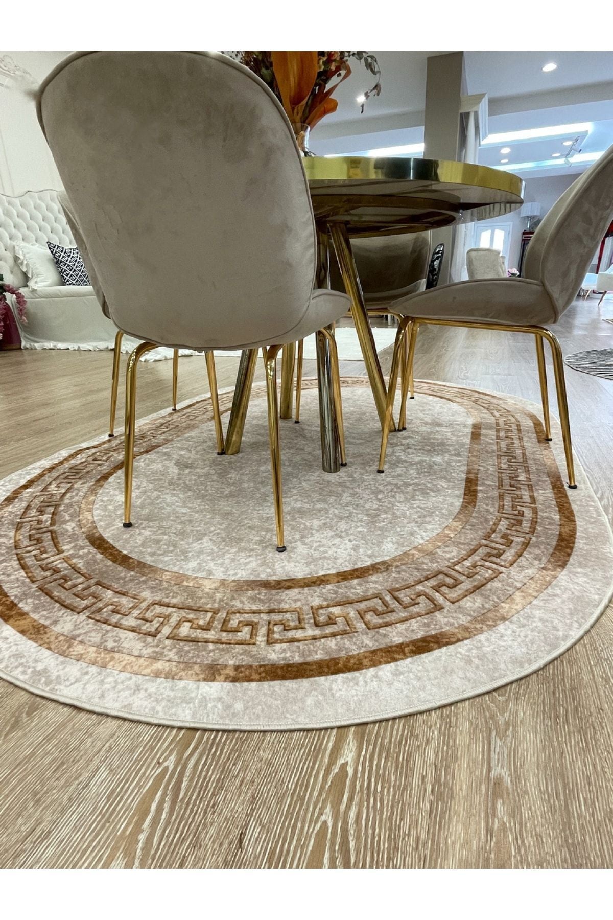 Classic Bordered Striped Oval Latex Leather Base Fringeless Living Room Rug - Gray