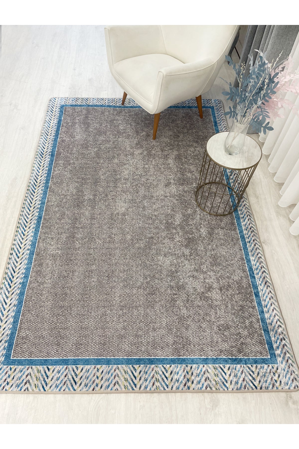 Blue Bordered Wicker-Look Non-Slip Base Rug