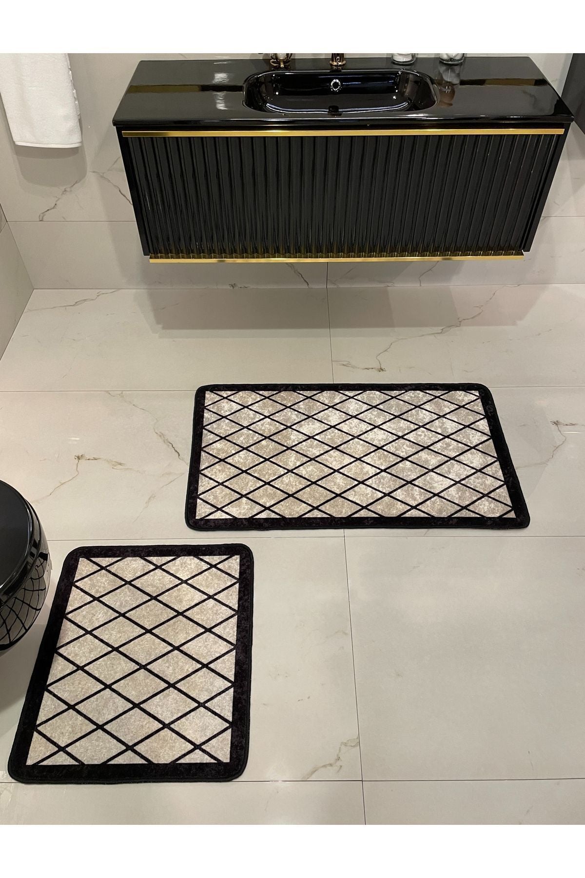 2 li Geometrik Desen 60x100 - 60x50 Lateks Taban Banyo Paspas - BEJ-SİYAH
