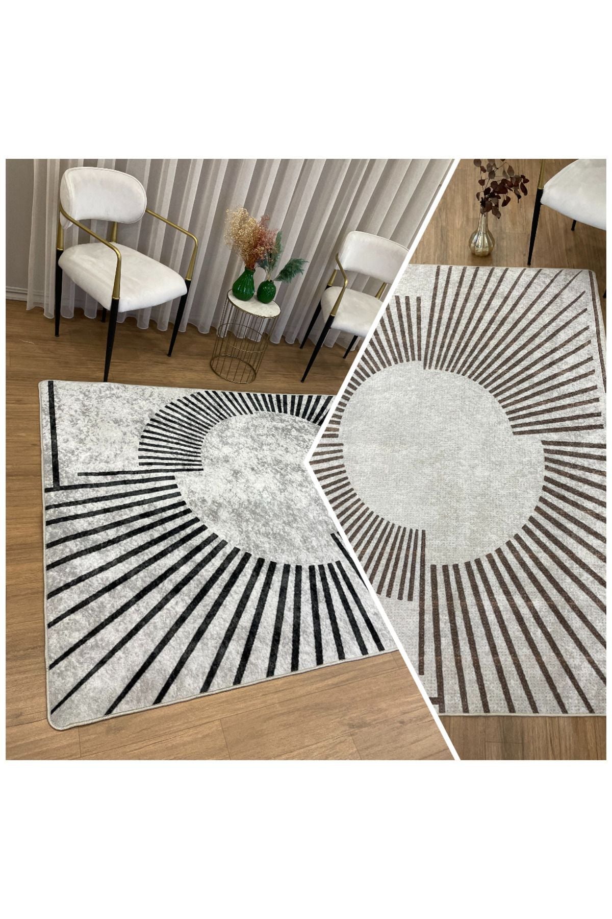 Geometrik Desenli Lateks Taban Halı - Gri - Kahverengi