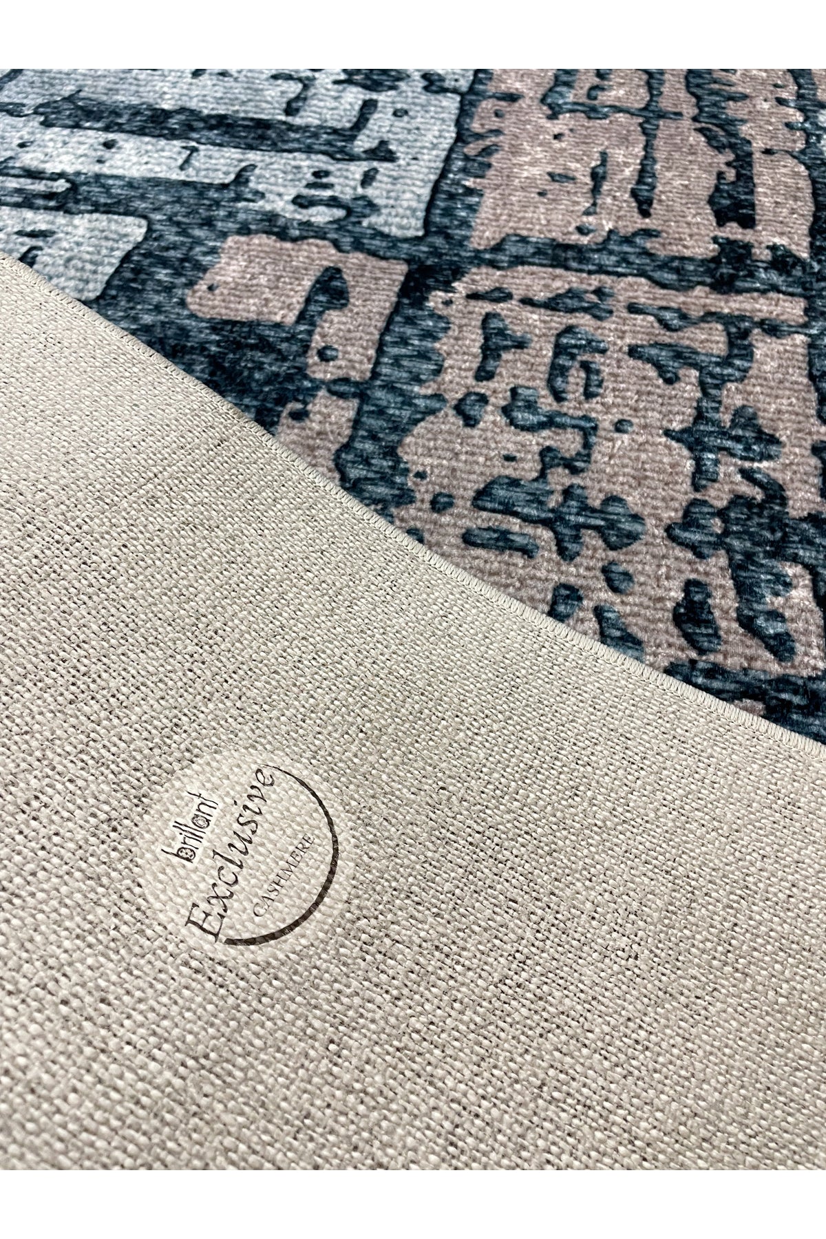 Beige-Blue Abstract Textured Look Latex Leather Base Rug