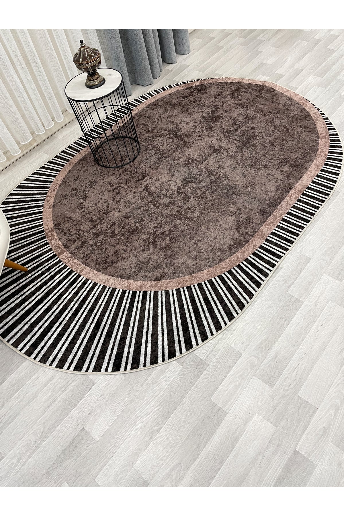 GREEN Striped Oval Non-Slip Base Rug