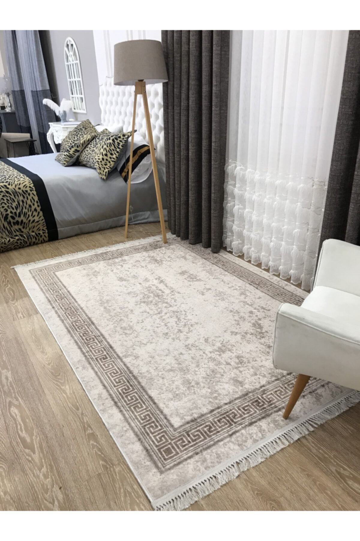 Brown Mink Bordered Latex Base Fringed Rug