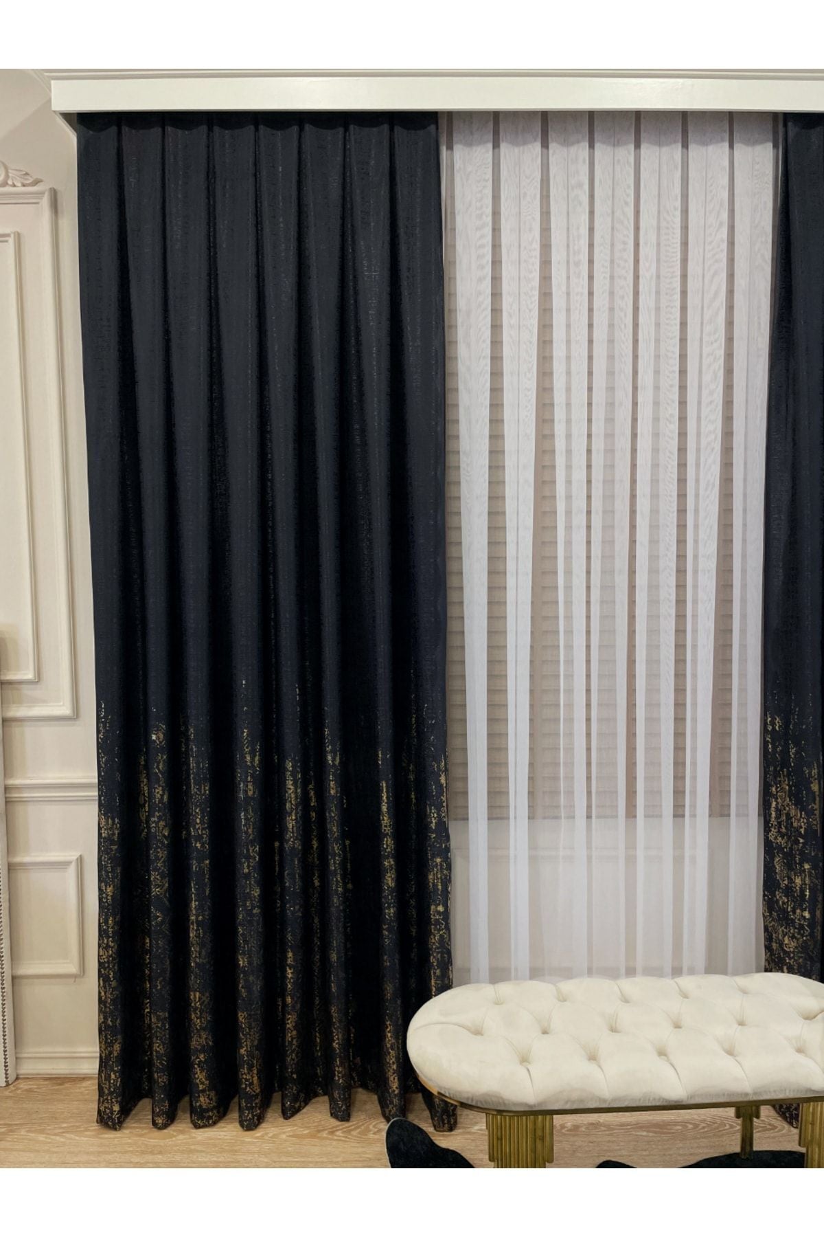 Jacquard Ground Foil Print 1/3 Dense Pleat Blackout Curtain - Beige - Gold Foil