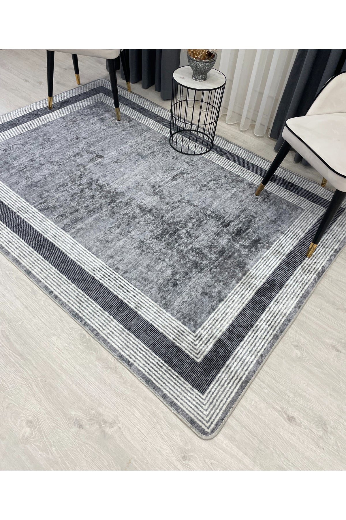 Light Gray Bordered Pattern Latex Leather-Backed Rug
