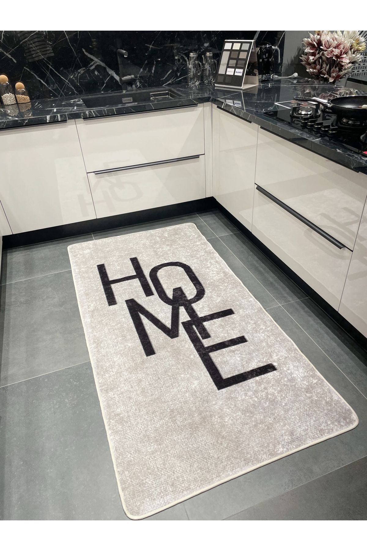 Home Yazılı Düz Mutfak Halısı - SİYAH
