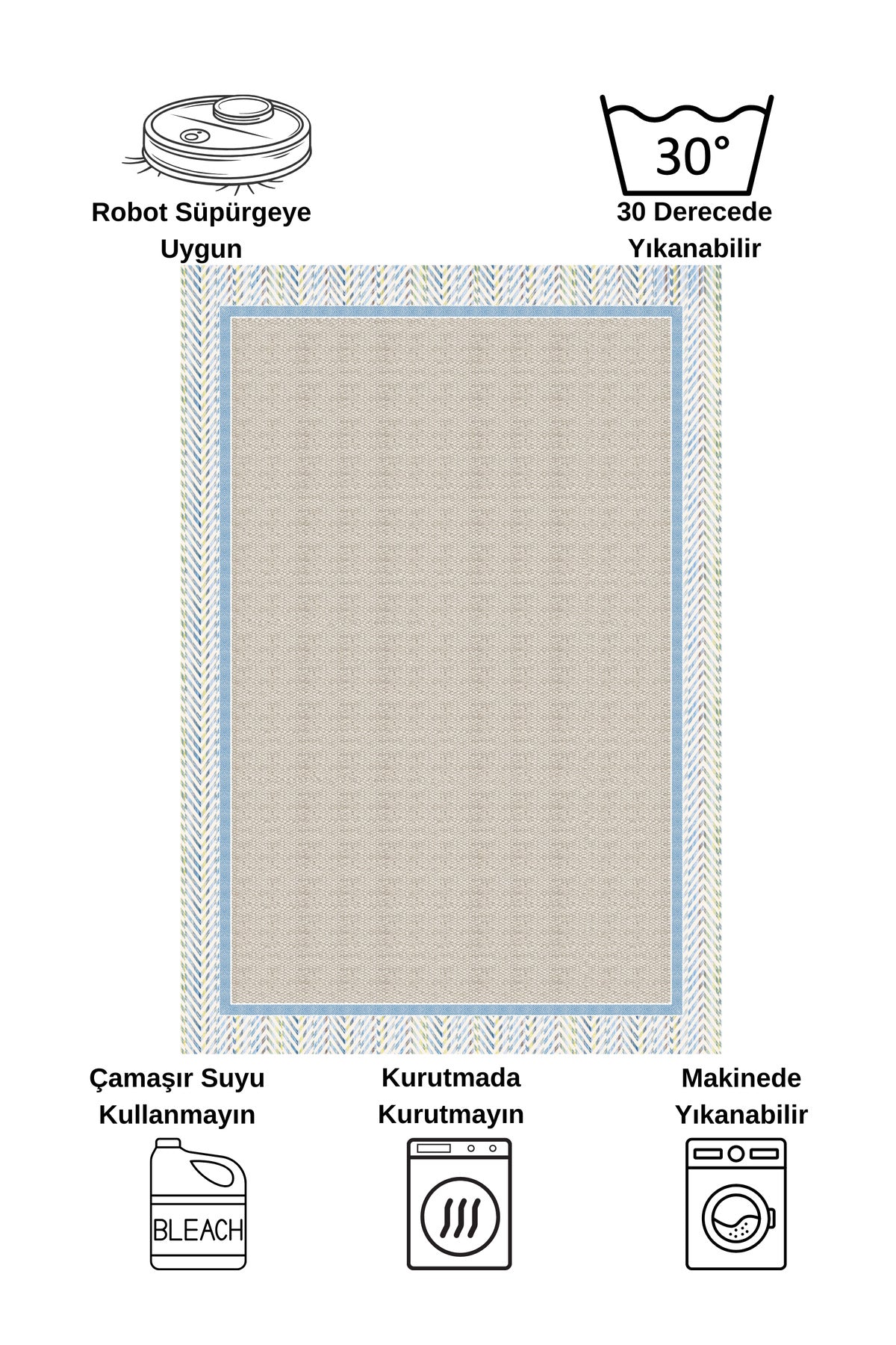 Blue Bordered Wicker-Look Non-Slip Base Rug