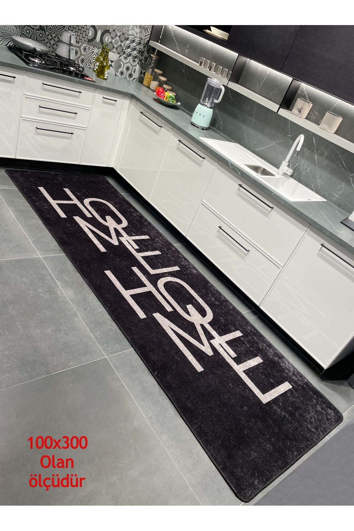 Home Yazılı Düz Mutfak Halısı - SİYAH