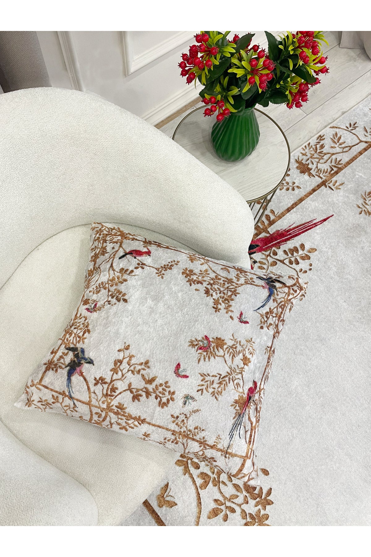 GRAY - Embroidery Look Bird Print Latex Base Runner Rug