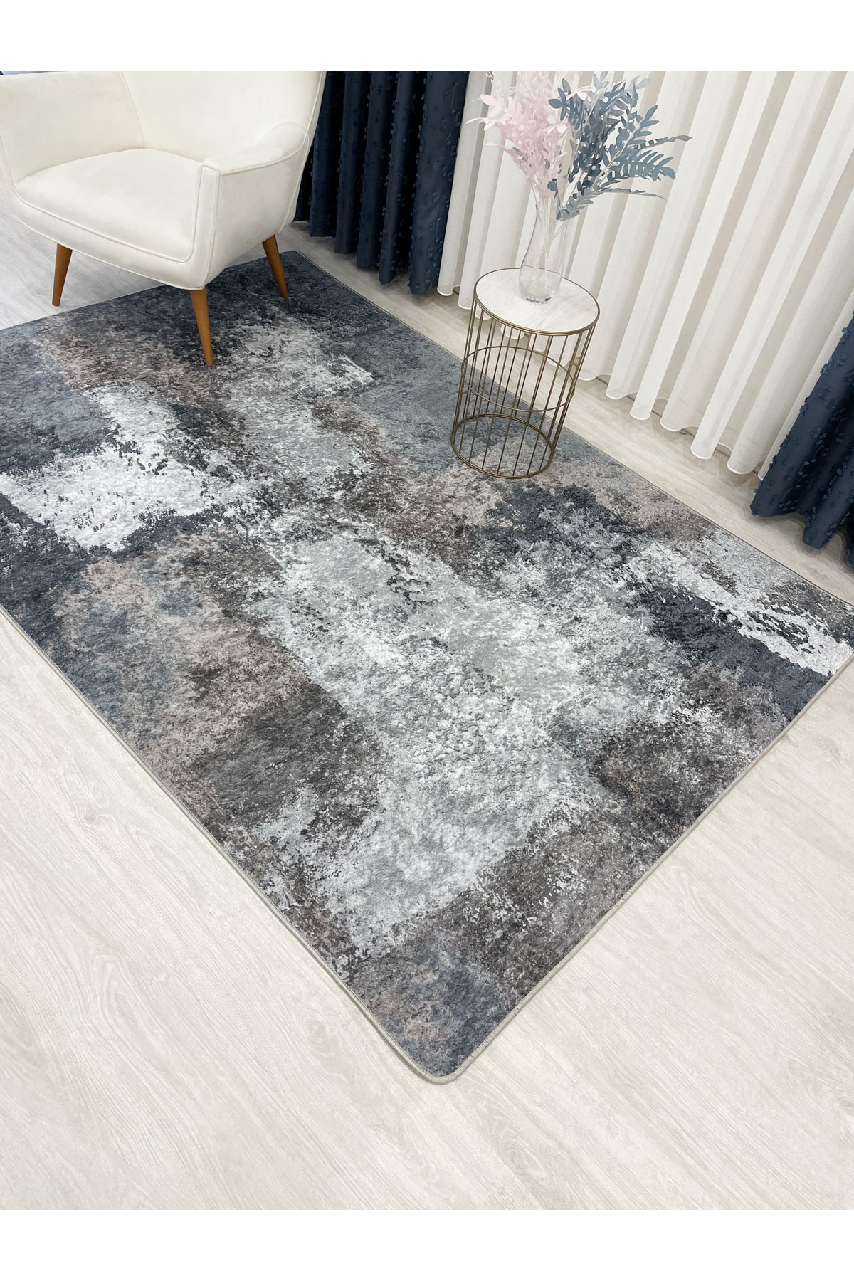 GRAY-NAVY Abstract Pattern Non-Slip Base Runner Rug