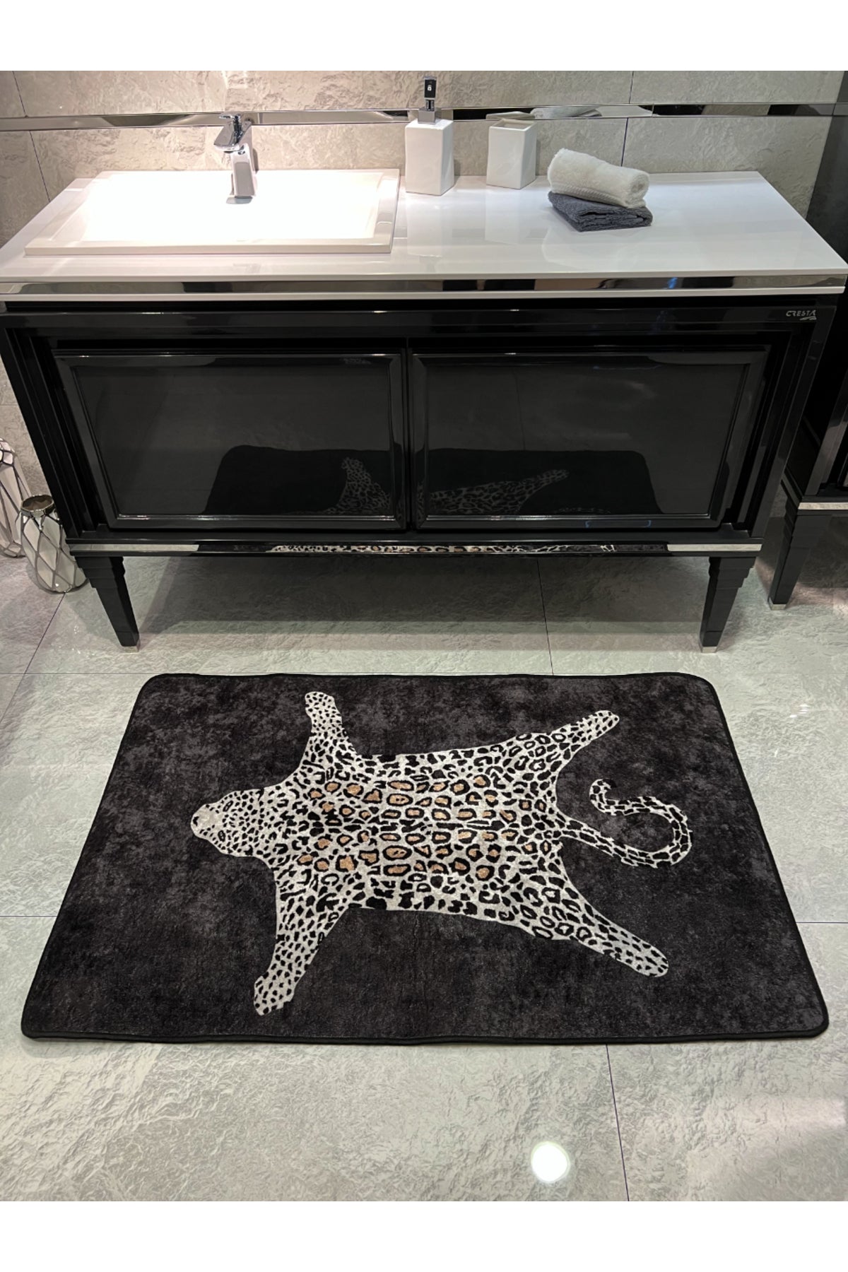 Leopard Pattern Washable 80x120 Single Bath Mat - Black