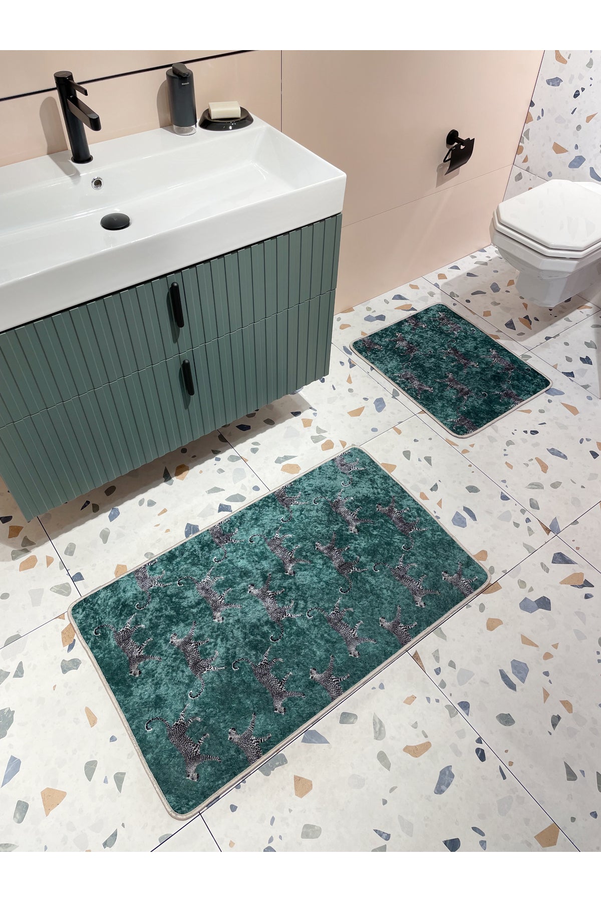 Set of 2 Latex Leather-Backed Bathroom Rug Set (60X100 - 60X50) Dark Gray