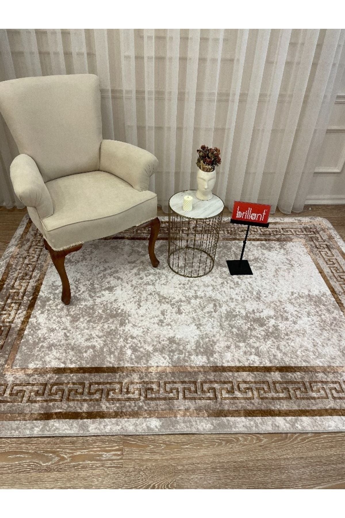 Classic Striped Pattern Latex Leather Base Fringeless Living Room Rug - Beige