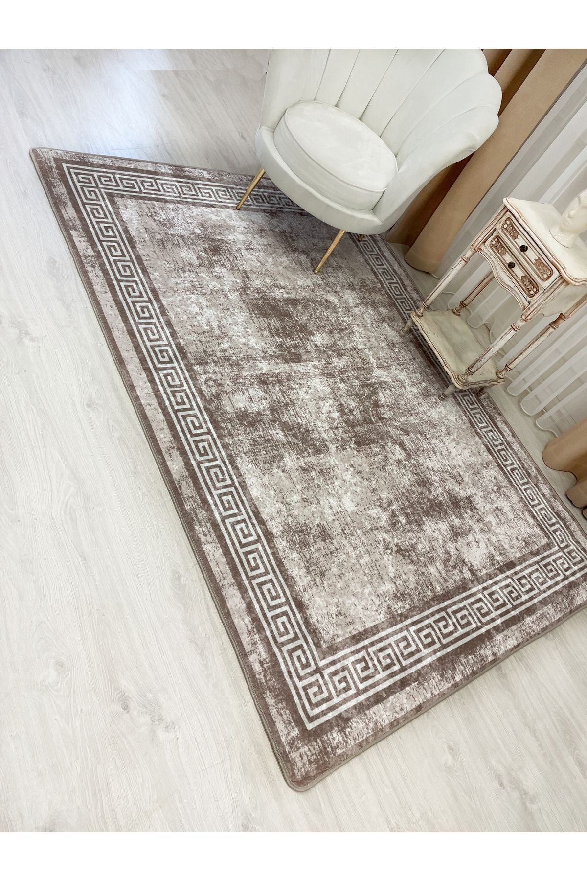 Beige-Mink Bordered Pattern Latex Leather Base Rug