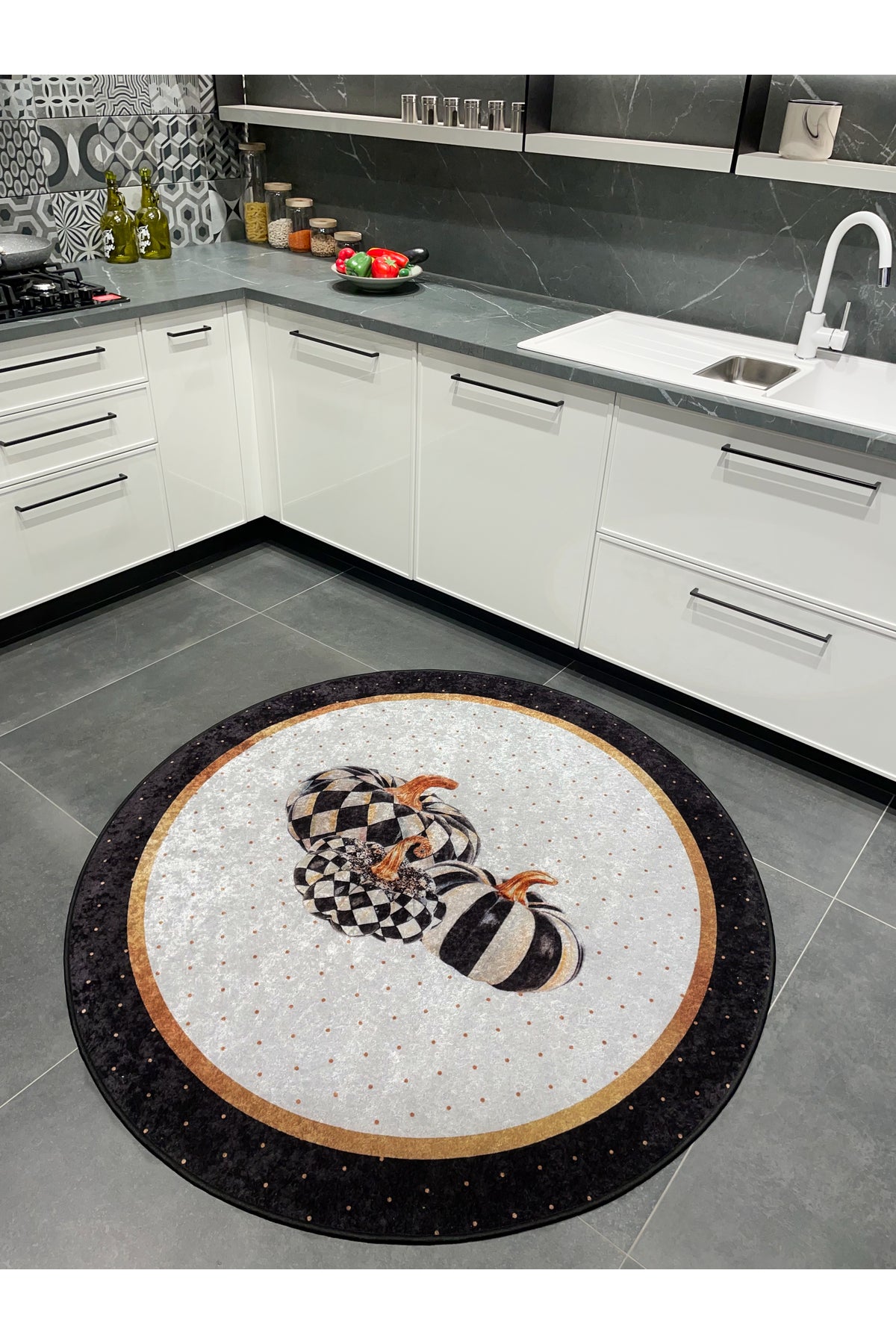 Checkered Pumpkin Patterned Latex Leather Base Kitchen Rug