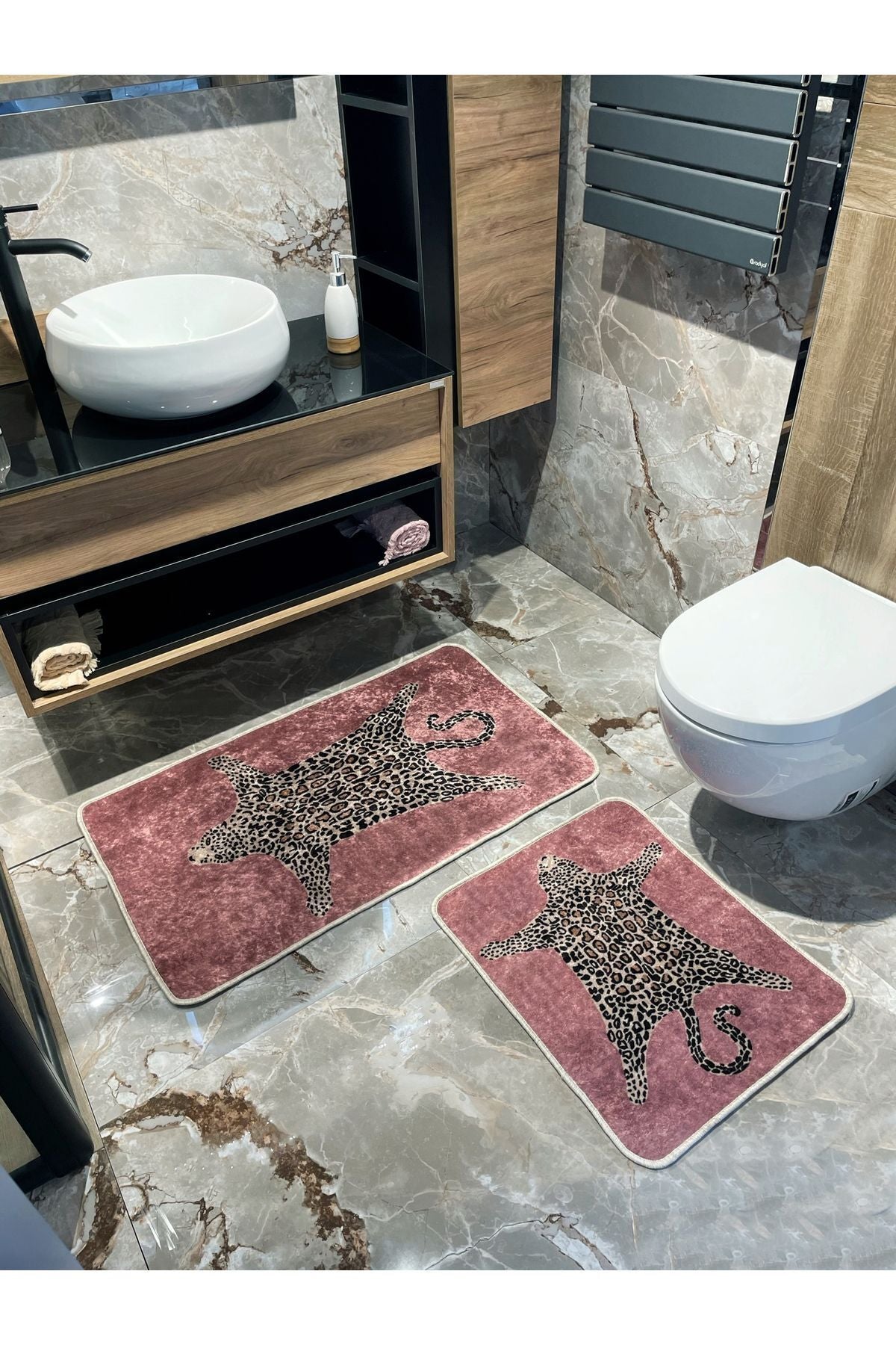 Set of 2 Leopard Print 60x100 - 60x50 Bathroom Rugs - Fuchsia